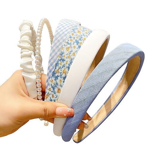 Fashion Headbands Set, 6pcs Pearl Floral Padded Wide Vintage Headbands for Women and Girls (Blue)