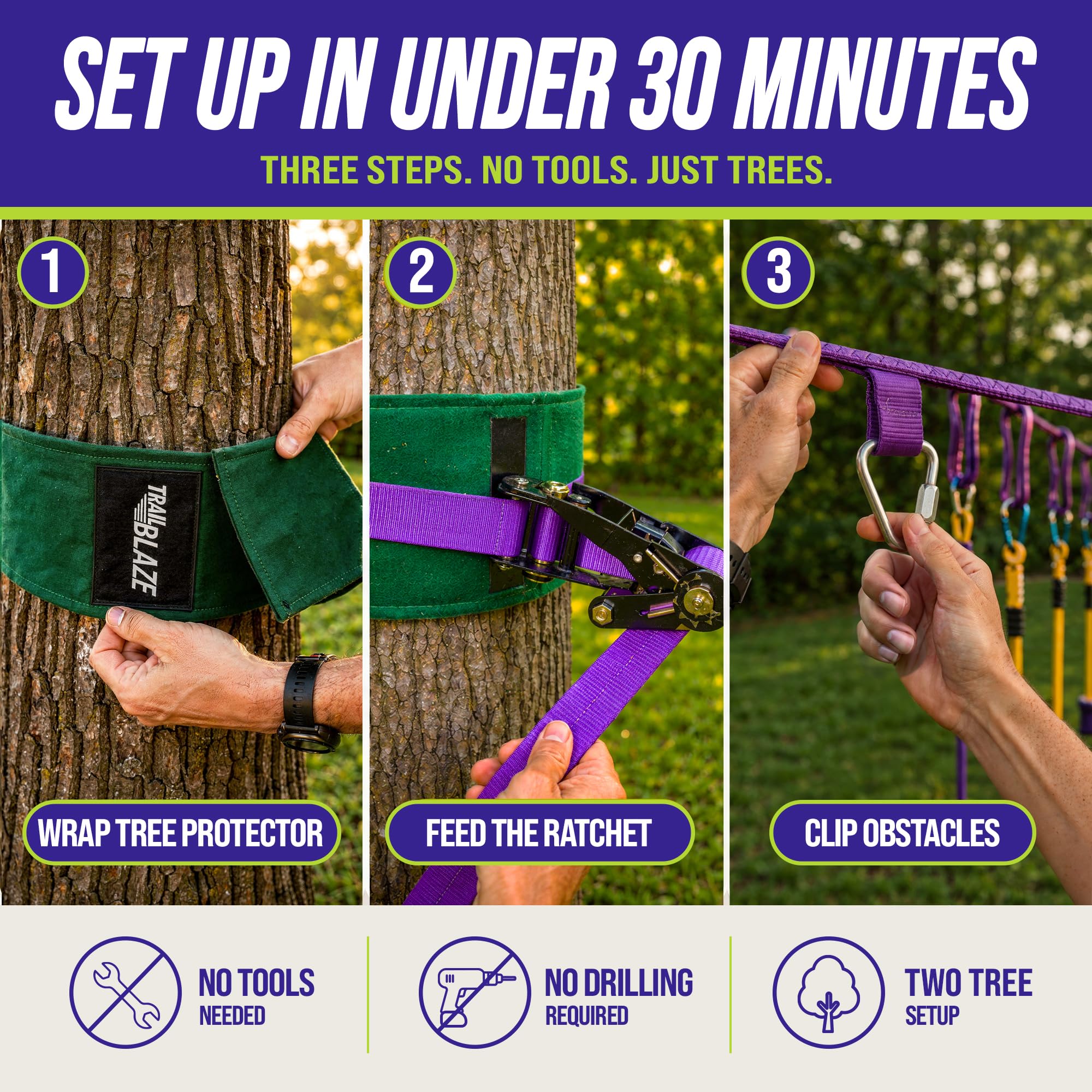 Trailblaze Ninja Line Hanging Obstacle Course for Kids - 40' Set for Backyard American Ninja Warrior Obstacles - Slackline Monkey Bars Kit + Tree Protectors - Carry Bag Included