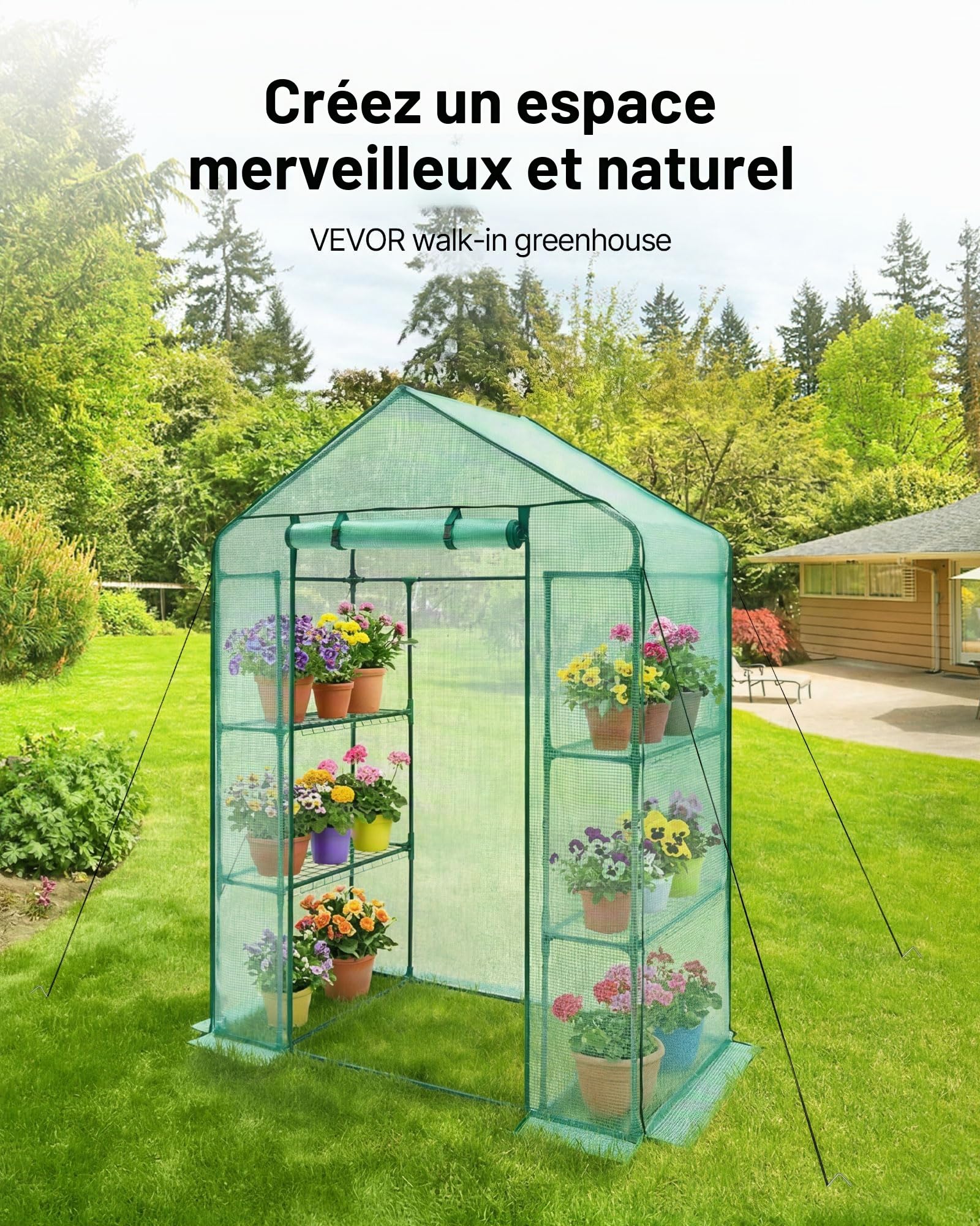 VEVOR Serre de Jardin 141x74,5x205 cm Tente Abri de Plantes avec Étagères Bâche PE Haute Résistance avec Porte et Fenêtres et Cadre en Acier Montage Facile Idéal pour Plantation Fleurs Stockage Vert
