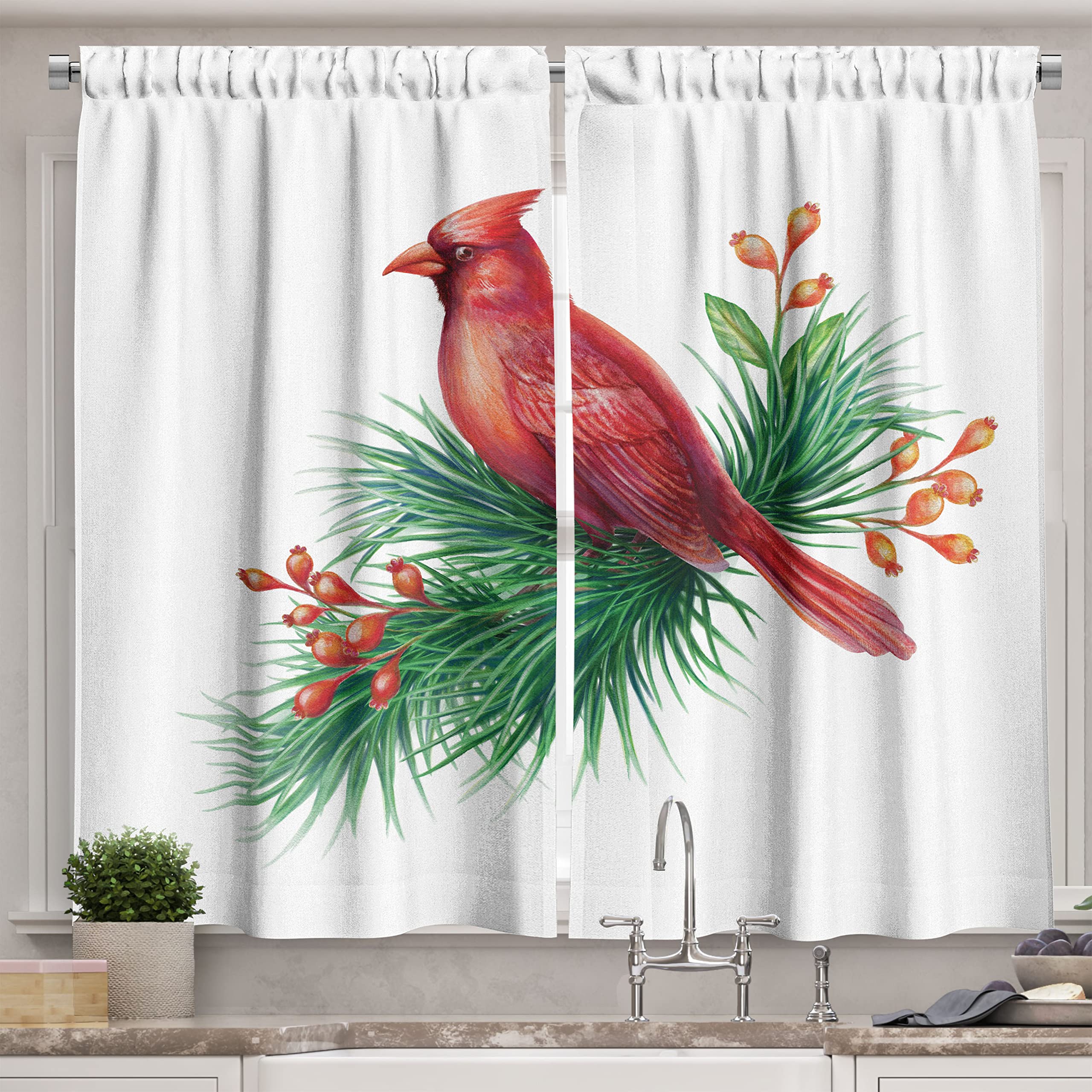 Lunarable Cardinal Kitchen Curtains, Watercolor Illustration of South American Bird Resting on a Branch, Window Drapes 2 Panel Set for Kitchen Cafe
