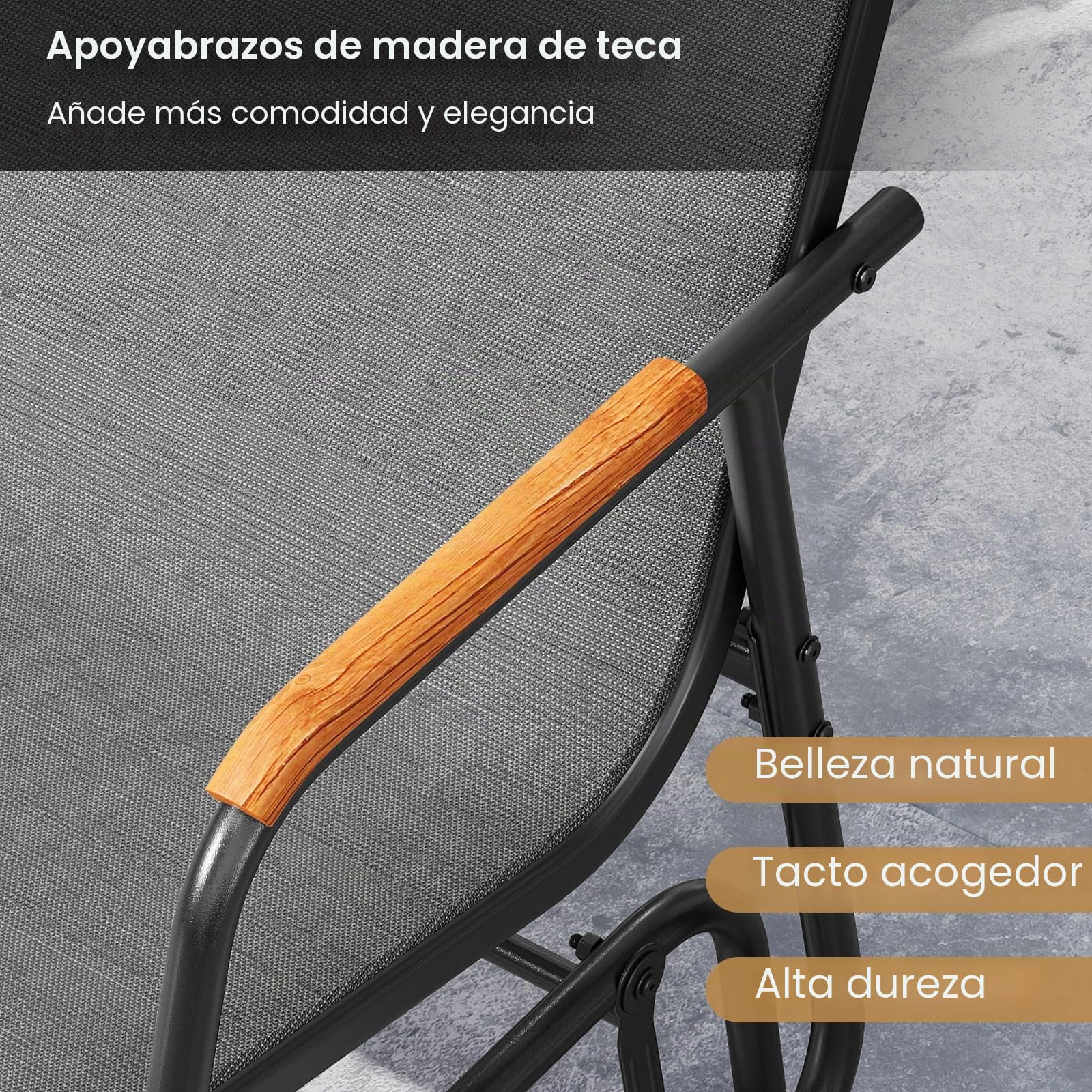 GIANTEX Banco Mecedora de 2 Plazas con Marco Metálico, Tejido Transpirable y Reposabrazos de Teca, Carga hasta 300 kg, Banco Balancín de Exterior para Jardín, Patio, Balcón, 115x74x84cm