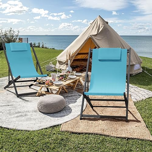 Miniatura 9 de PURPLE LEAF Juego de 2 sillas plegables para patio para balcón sillas de campamento plegables para exteriores con reposacabezas acolchado gris a