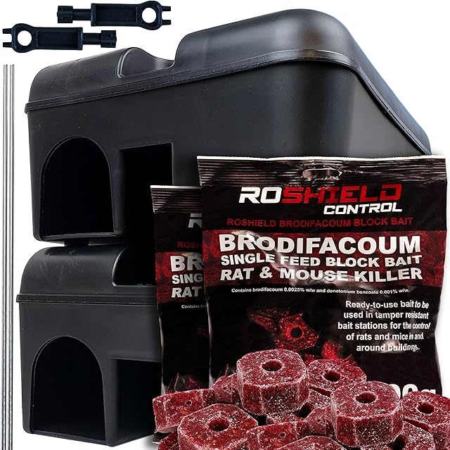Roshield 600g Single Feed Rat Killer Blocks & 2 Tamper-Resistant Rodent Bait Box Safety Kit | External Fast Acting Poison Control Solution