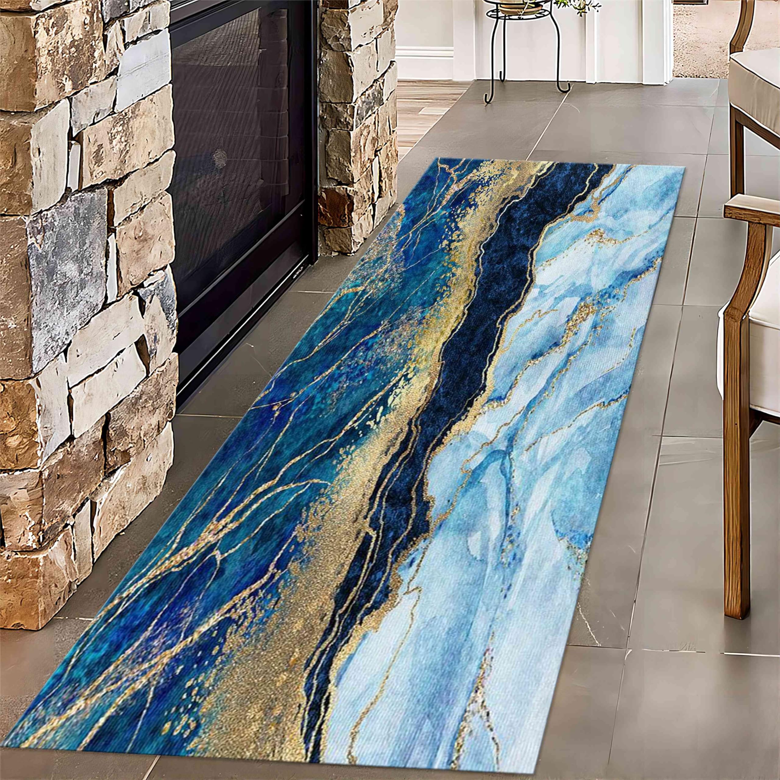 MUOUCTE Teal Gold Marble Abstract Runner Rugs, 2x10ft, Luxury Navy Texture Art Entrance Rug, Washable Absorbent Home Decor Carpet, Floor Cover Indoor