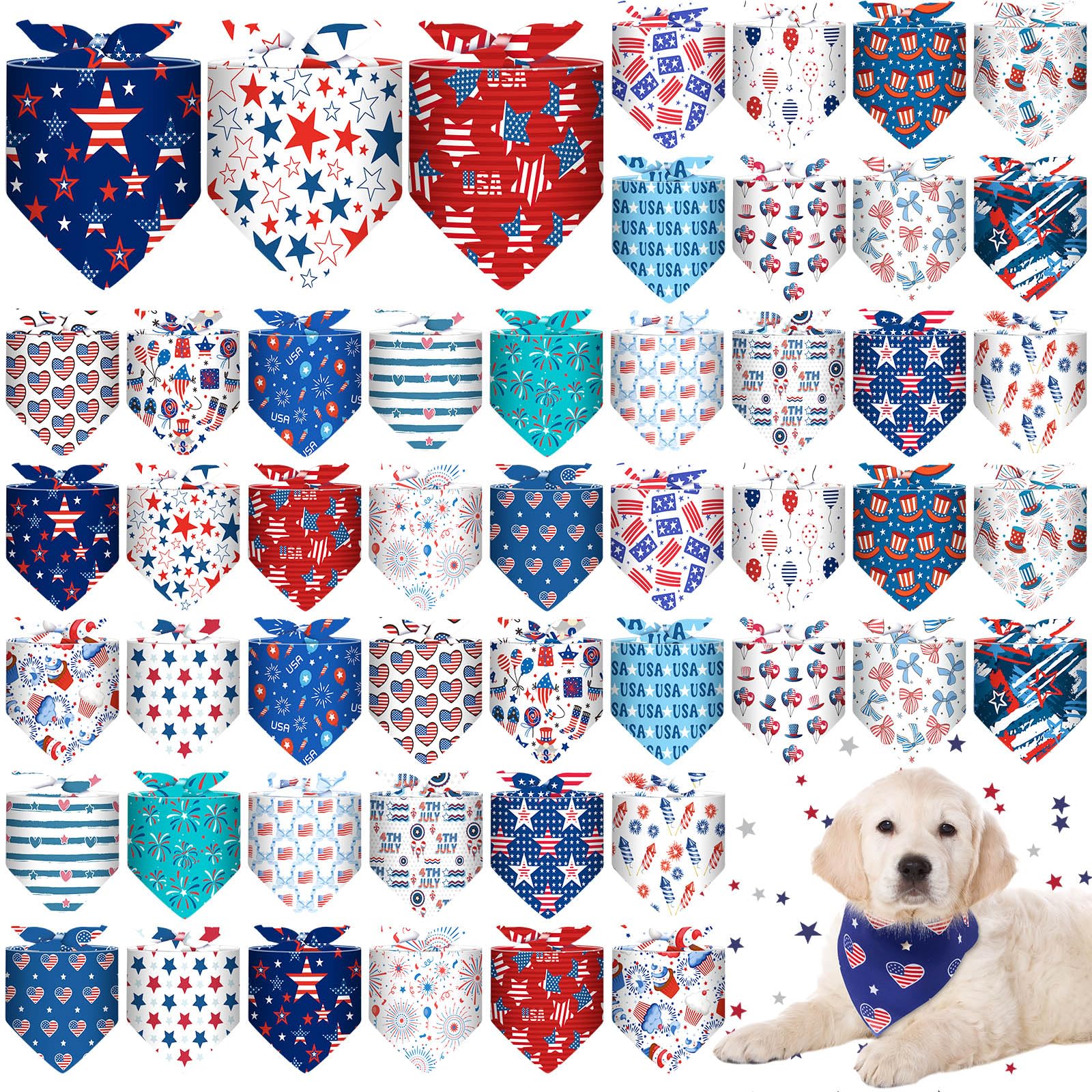 Sanwuta 48 Pcs 4th of July Dog Bandanas for Pets Dog Bandanas Gifts Independence Day Scarf Washable Triangle American Flag Patriotic Puppy Bibs