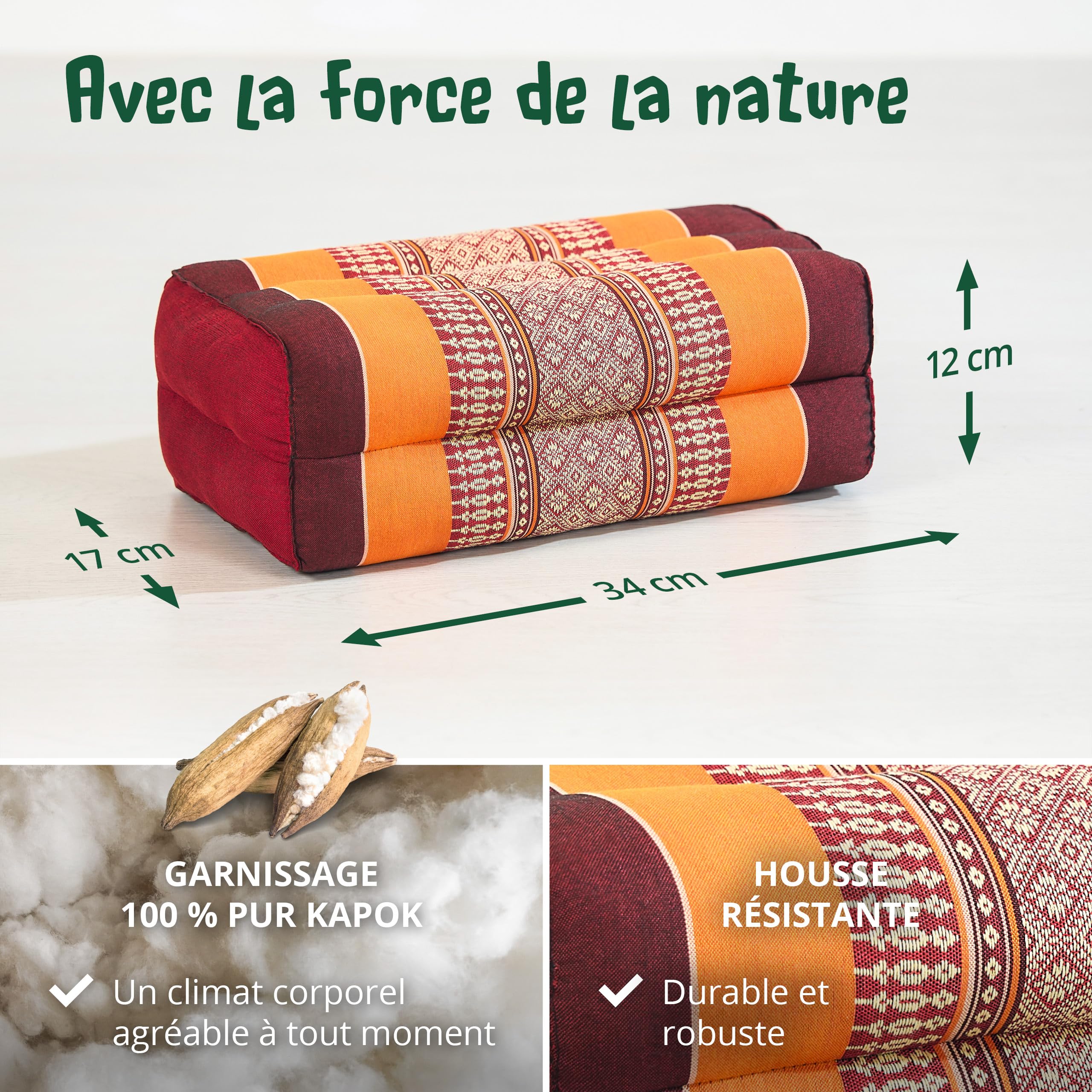 livasia coussin yoga carré bloc - 17x34x12cm - Coussin de méditation kapok, Coussin de soutien bolster rectangulaire, Accessoires yoga pilates coussin cale-nuque, fait main