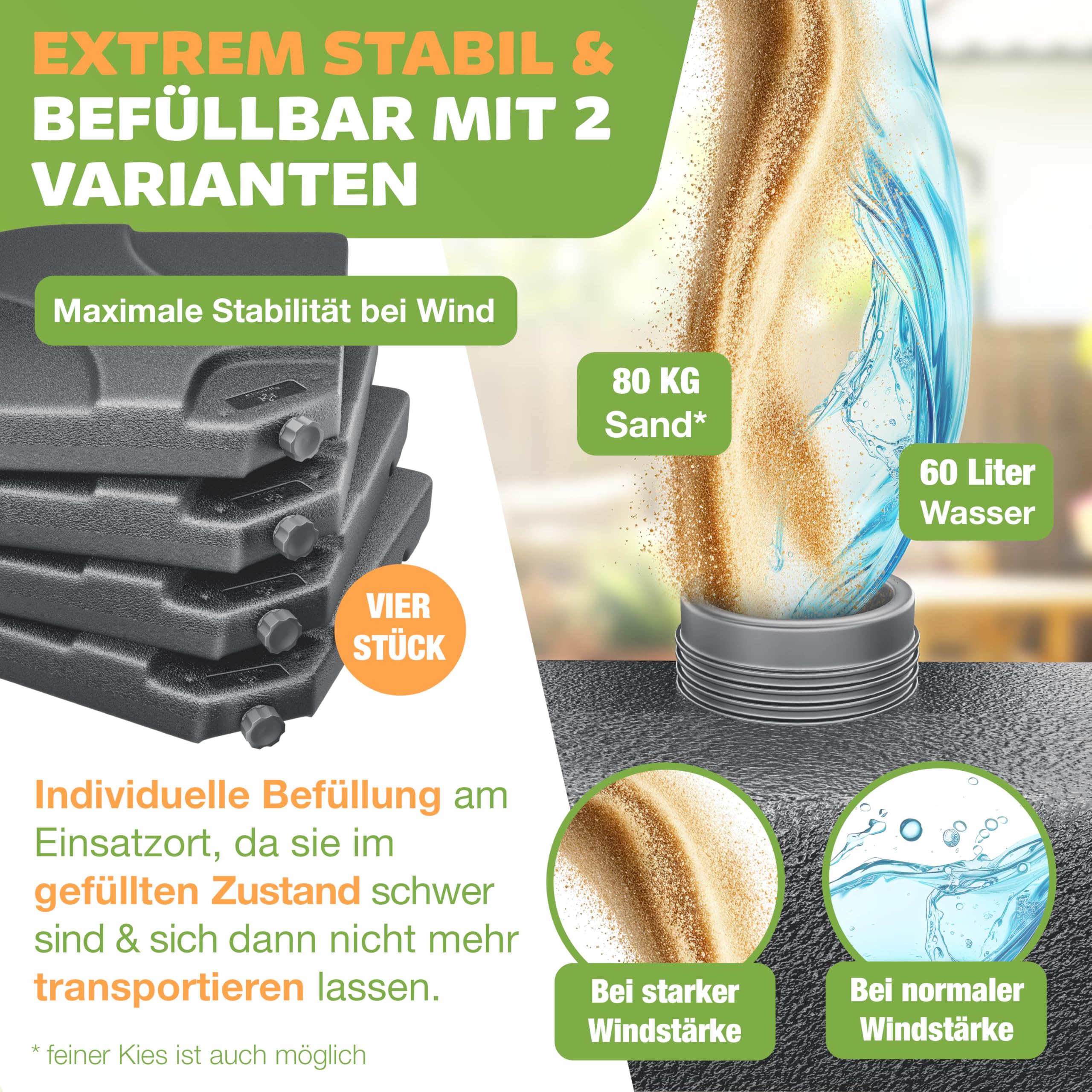 KESSER® Sonnenschirmständer 4-teilig Schirmgewicht Schirmständer für Ampelschirm Bodenkreuz 60 Liter / 80 kg befüllbar mit Wasser oder Sand Inkl. Metallverbinder Ampelschirmständer Kunststoff,