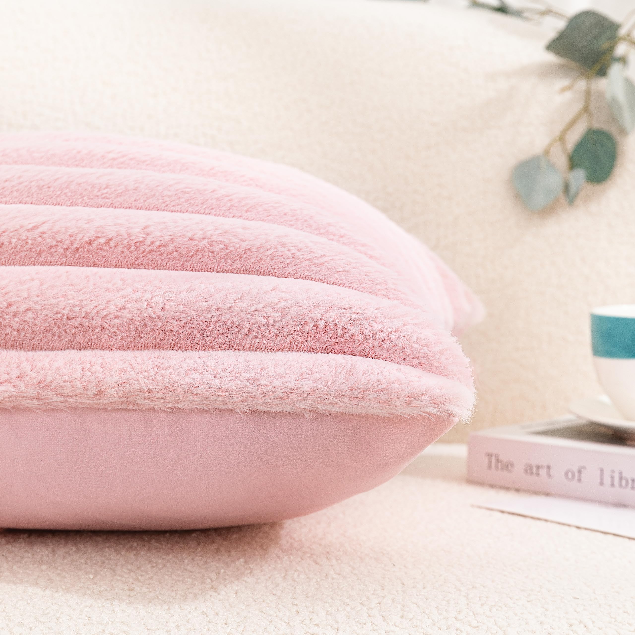 Fluffy Pink Faux Fur Pillow Covers Set Of 2 - 26x20 Inch Shaggy Plush Decorative Covers With Zipper - View #4