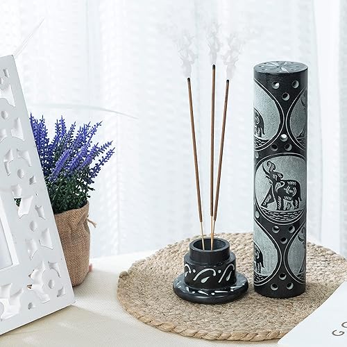 Miniatura 5 de Crocon Quemador de incienso hecho a mano de mármol rojo con forma cuadrada de hoja y media rueda, diseño de torre  Portavelas de té  Hogar y cocina,