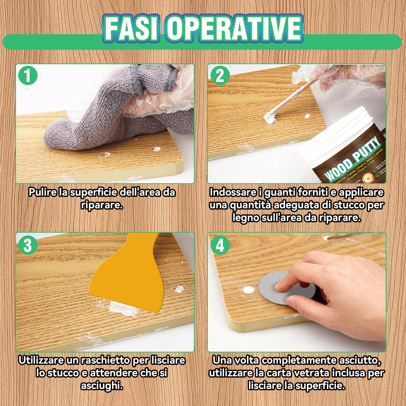 Stucco per Legno Riempitivo, Kit Universale Stucco Legno Bianco per Mobili e Pavimenti, Formula Rapida, Carteggiabile e Verniciabile per Riparare Crepe, Buchi e Difetti su Legno (250g)