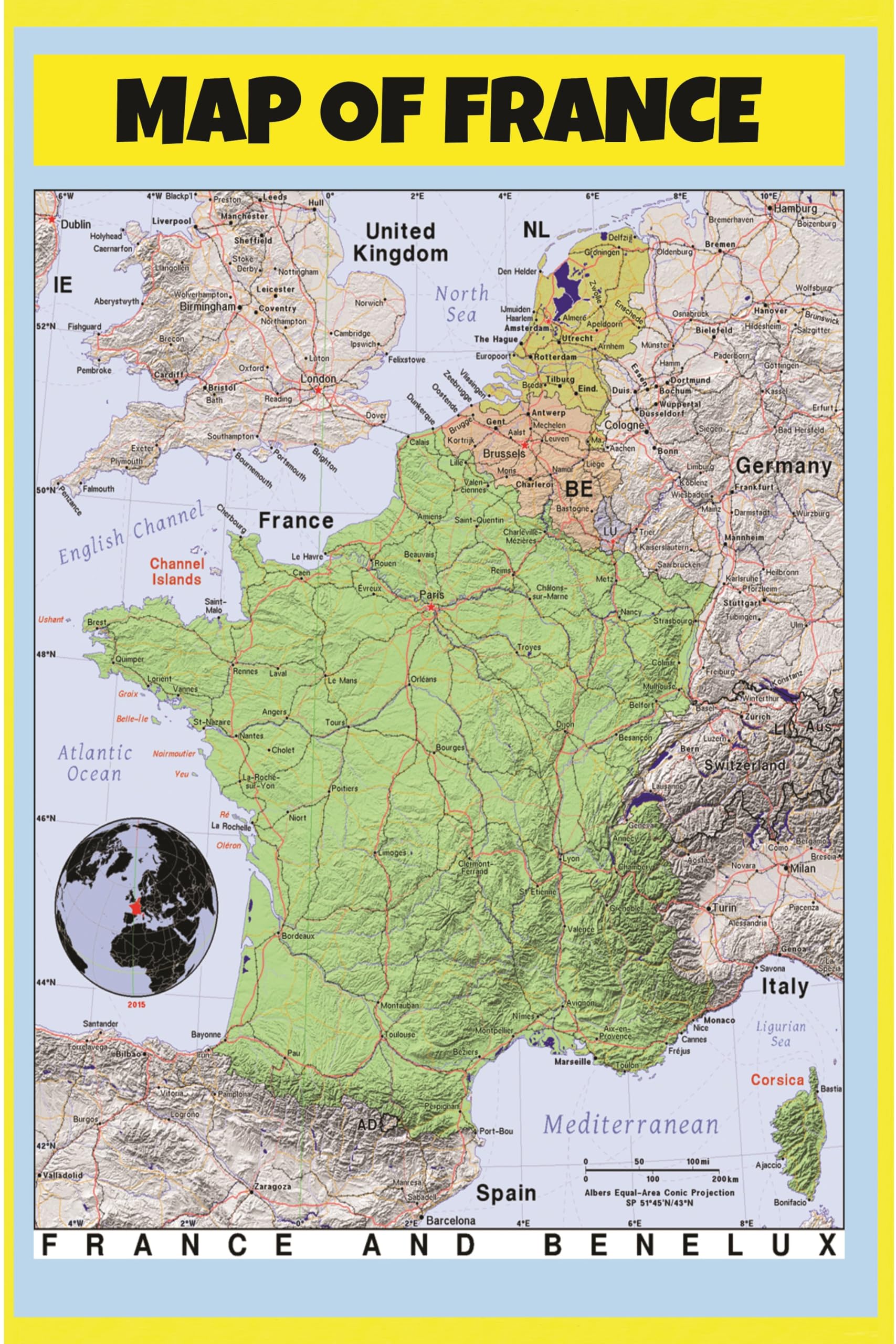 Map of France 18x24 - Laminated Wall Map Poster Print Perfect for Classrooms and Homes - Vivid Imagery with Bright Colors