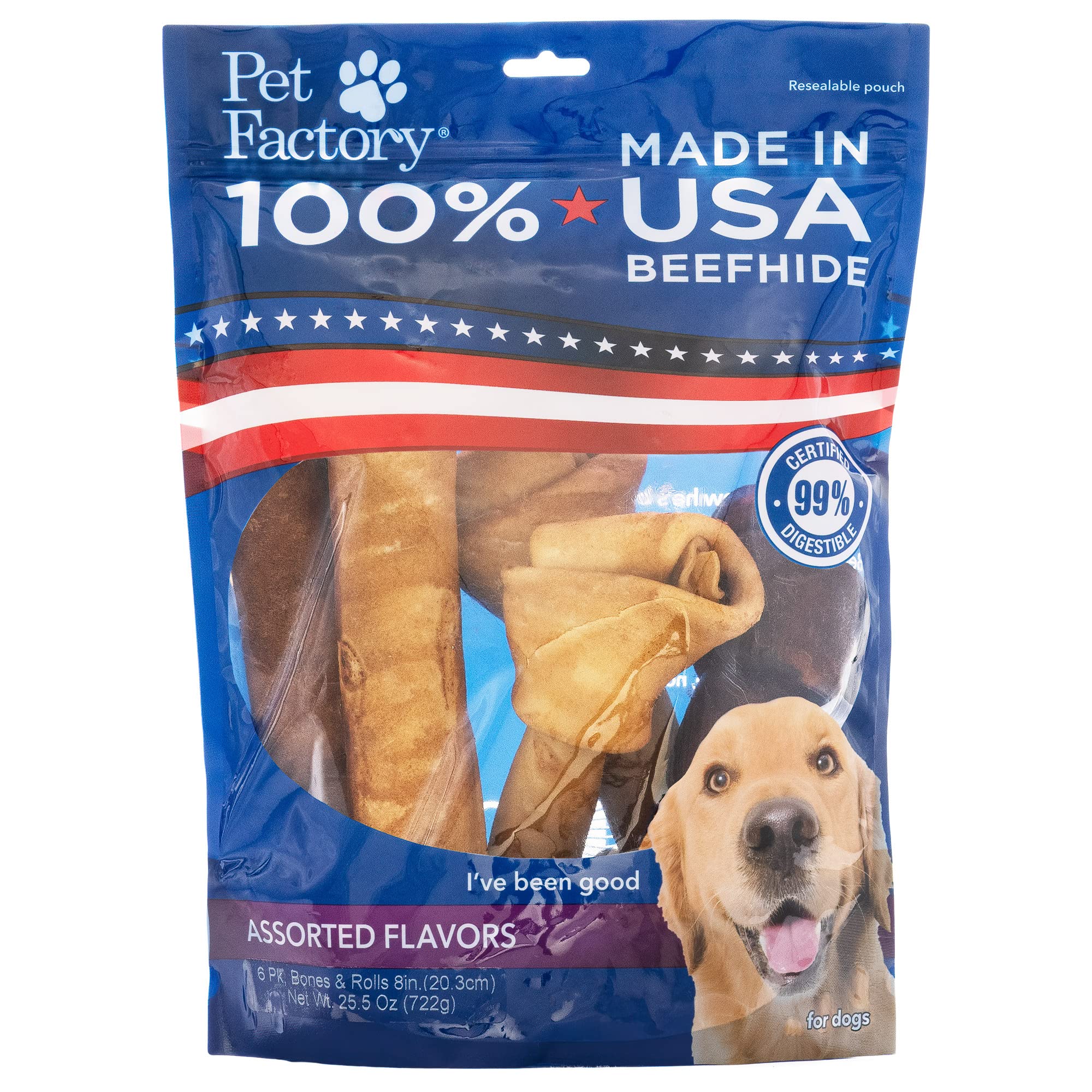 Pet Factory Carne de Vacuno 100% Hecha en Estados Unidos, 20,3 a 22,8 cm, Surtido (Huesos y Rollos), para Masticar golosinas para Perros, Carne de Res y Pollo, 6 Unidades por Paquete