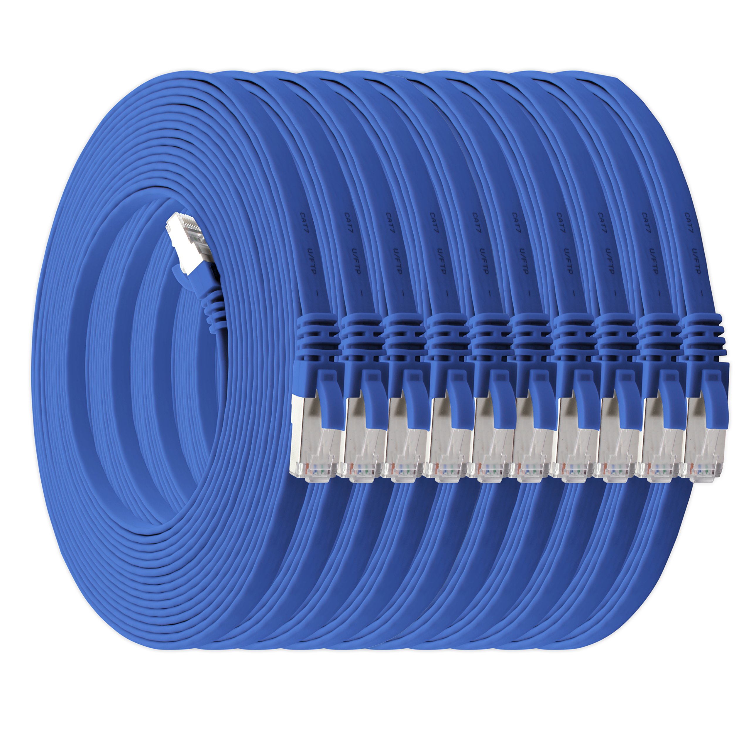 1aTTack.de 0,5m - blau - 10 Stück Cat7 Flachkabel Netzwerkkabel Cat 7 Rohkabel Gigabit Lan (10Gbit/s) Flachbandkabel Verlegekabel Patchkabel Flach Slim Rj 45 Stecker Cat6a