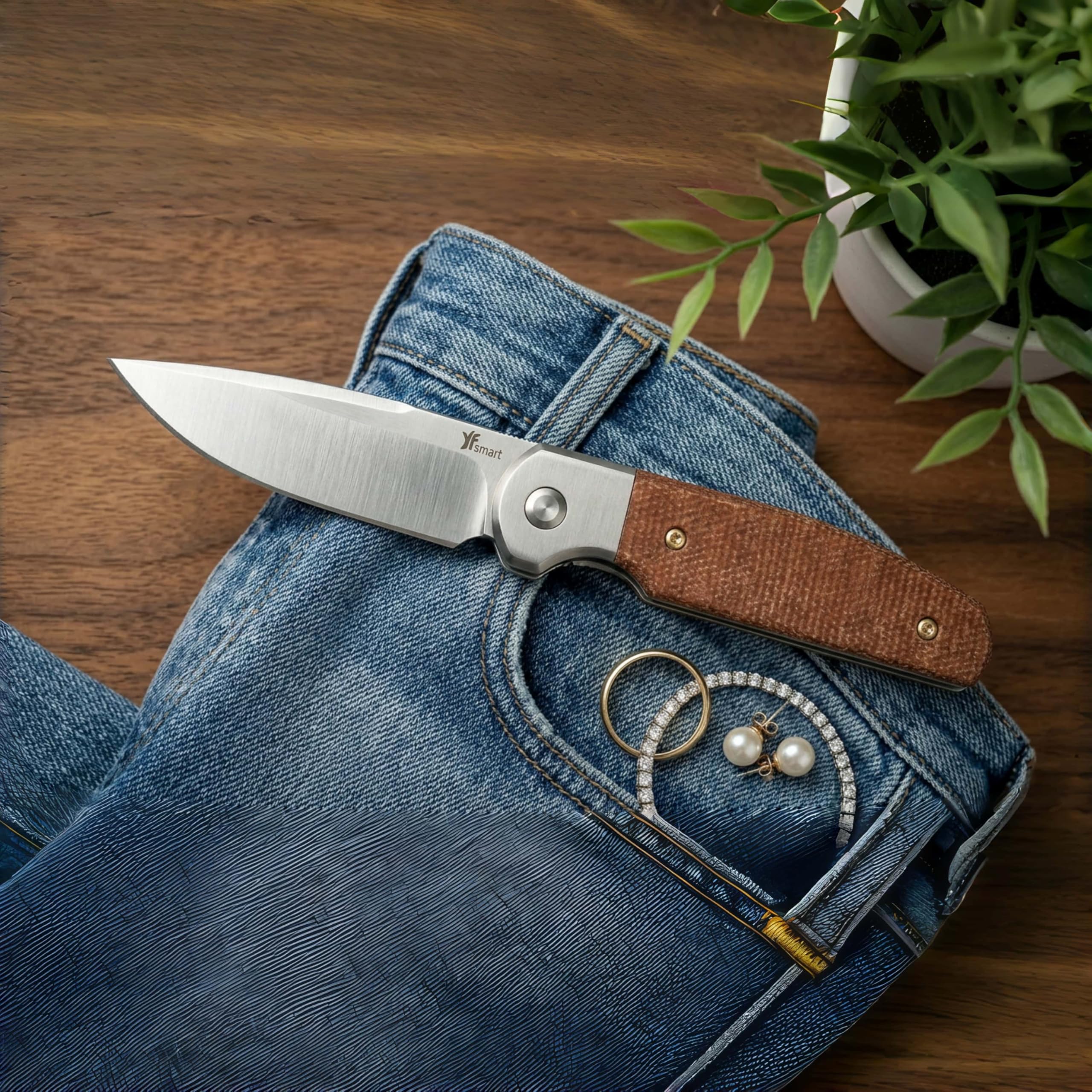 Nóż YF SMART Small Floding Pocket EDC – ostrze typu drop point, rękojeść z brązowego płótna z micarty, głęboki klips do kieszeni, kompaktowy składany nóż na kemping, piesze wycieczki i przygody (Mini)