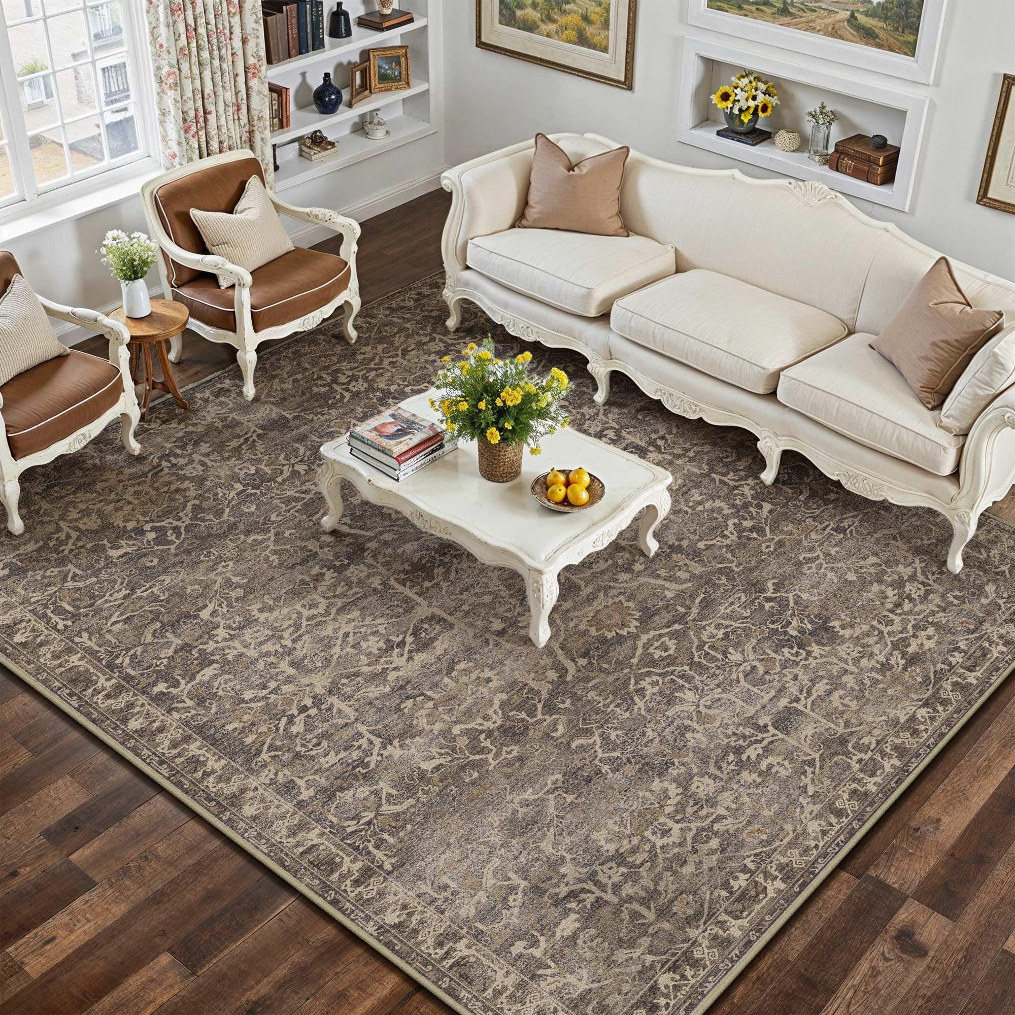 hugear area rug 5x7 retro brown machine washable living room rugs distressed vintage floral vacuumable low pile carpet bedroom office dining room laundry room non slip soft lightweight