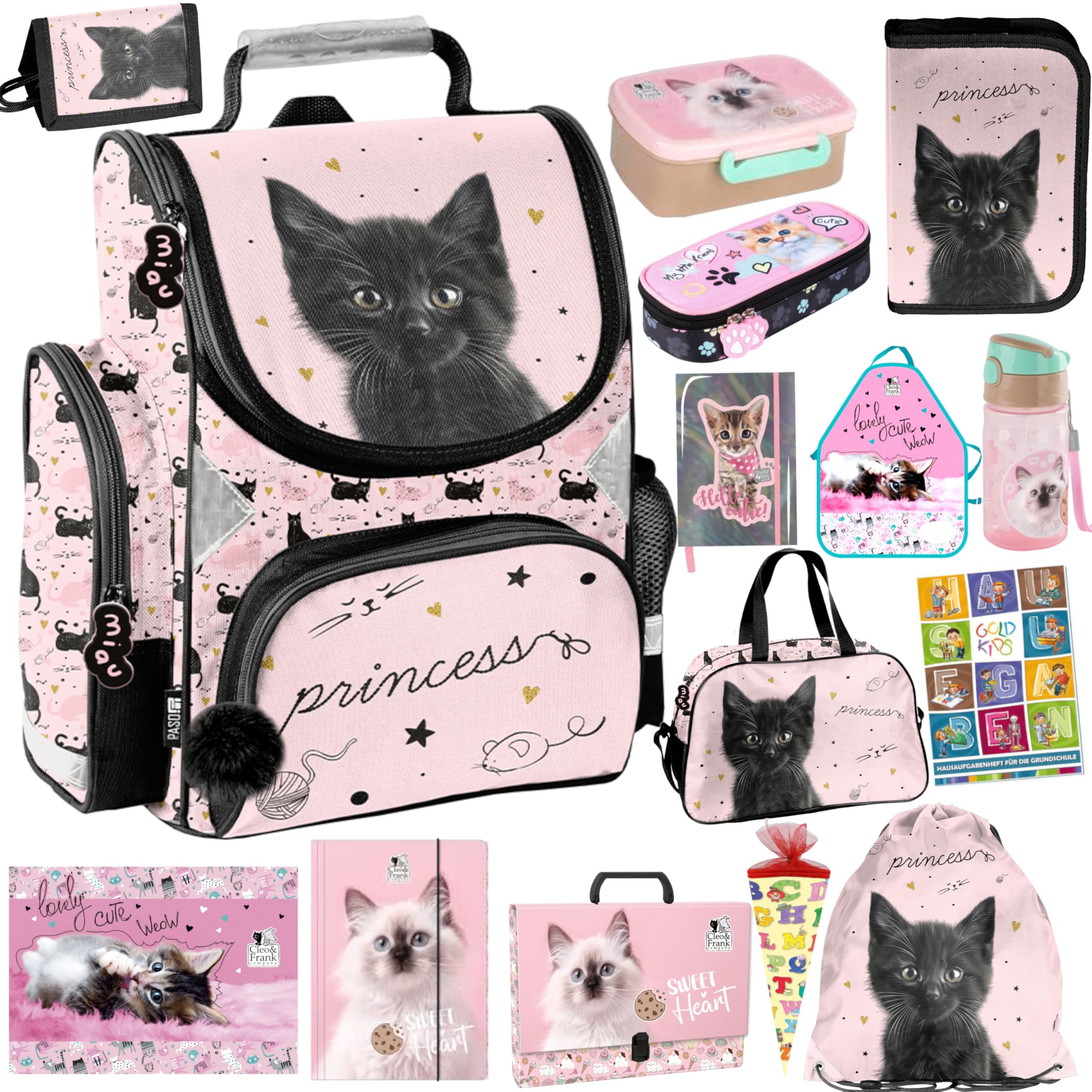 PASO- Schulranzen für Mädchen, 15er-Set - Schul-Rucksack für Kinder mit Federmäppchen - Schuhbeutel Trinkflasche und Brotdose - Katze Motiv- 1-3 Klasse