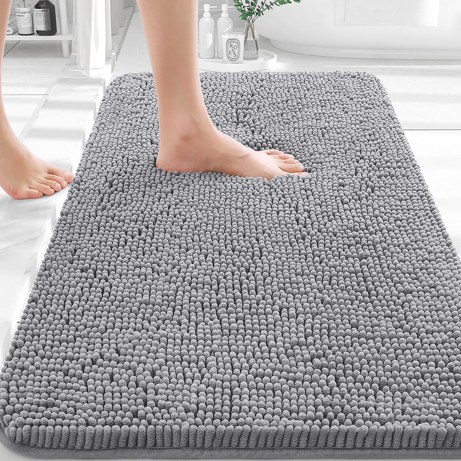 OLANLY Bathroom Rugs 76 x 50 cm, Super Soft, Absorbent Chenille Non-Slip Quick Dry Machine Washable Bathroom Mats for Floor, Bath and Shower, Grey