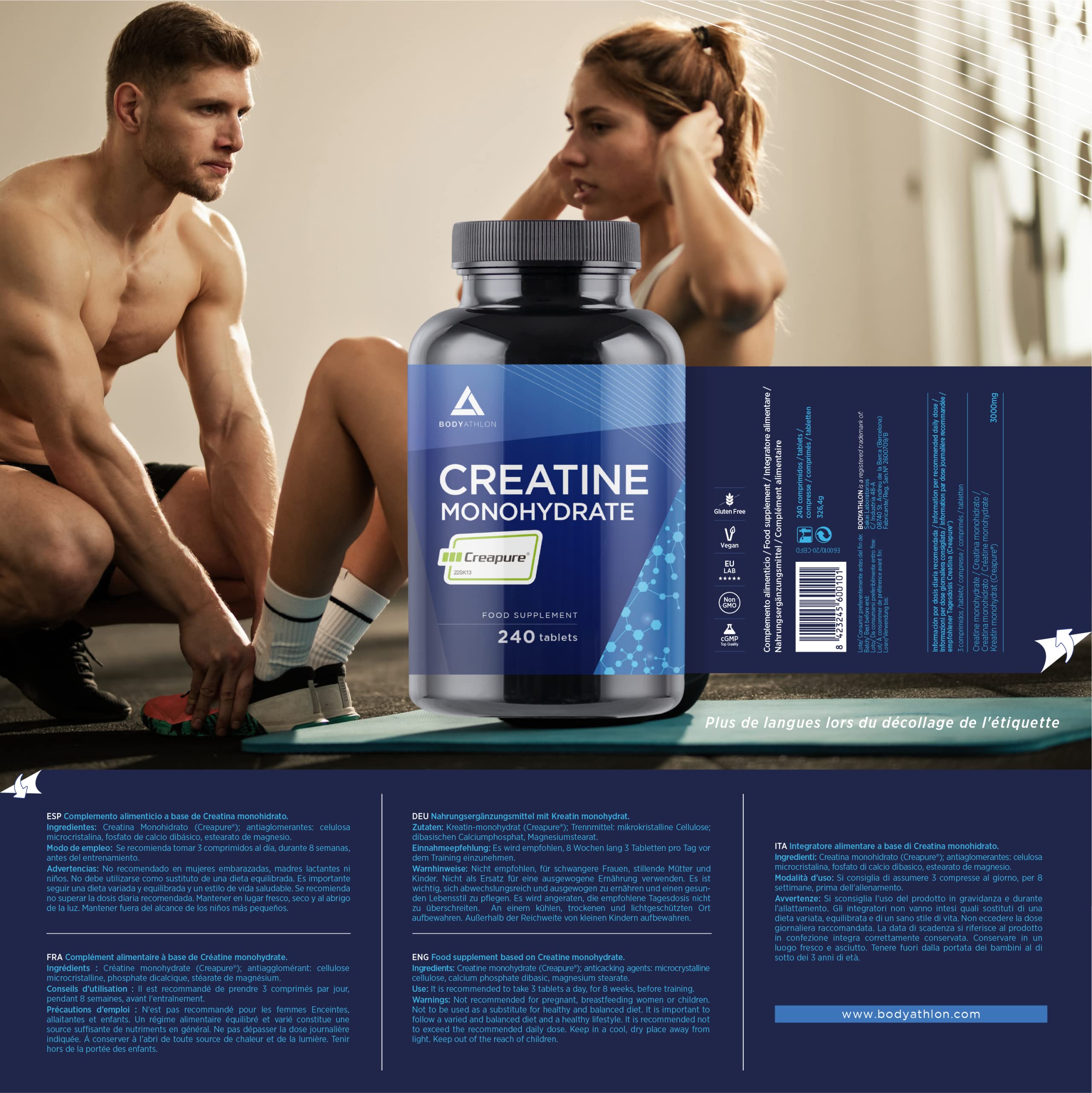 Creatine Monohydrate Creapure 240 comprimés| 100% Creatine Monohydrate 3000mg par dose| Pre workout Force et Résistance| Certifiée et Testé en Laboratoire| Sans OGM, Vegan| BODYATHLON
