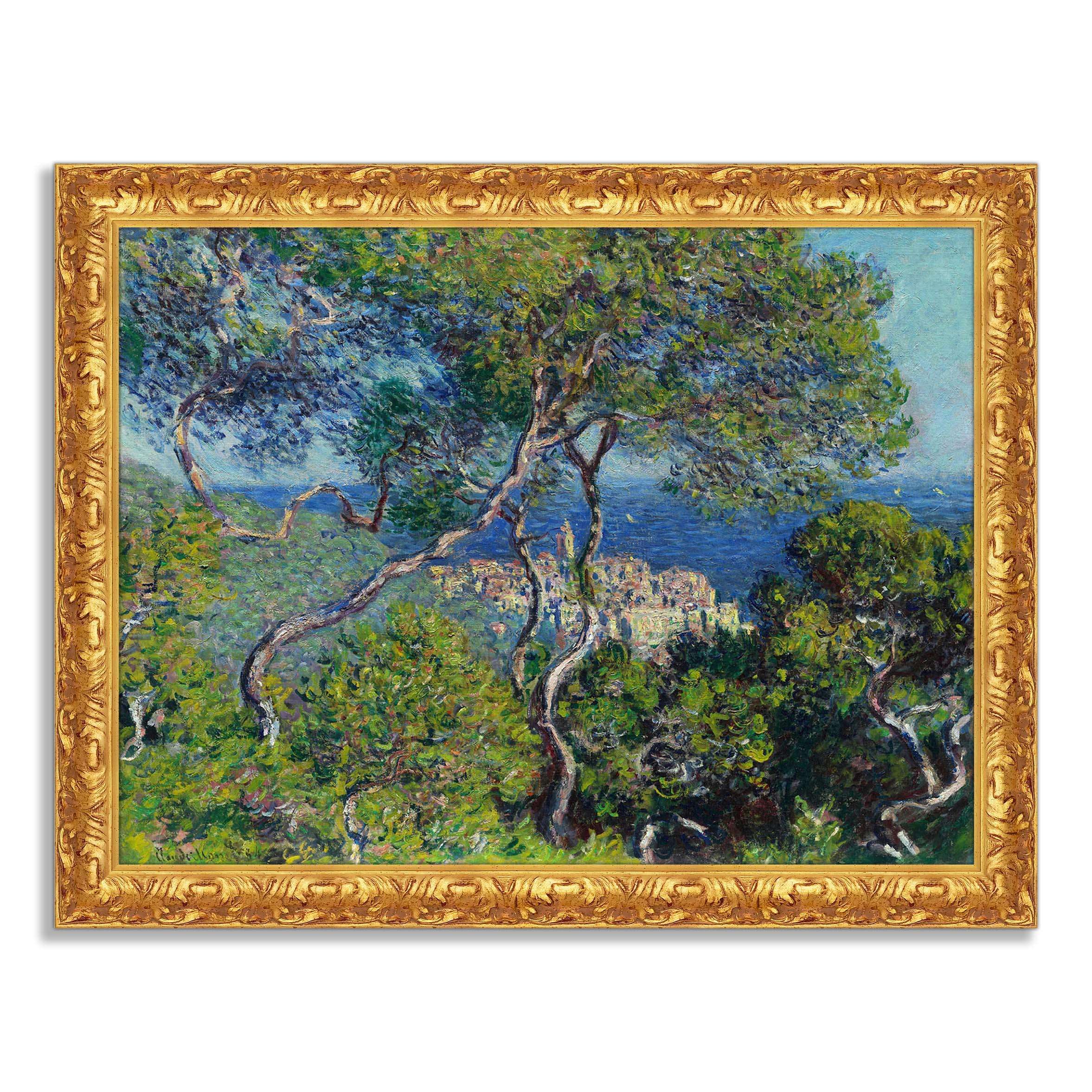 LuxHomeDecor Claude Monet – Vue de Bordighera – Tableau impression sur toile effet peinture avec cadre en bois doré baroque classique - 50x40 cm