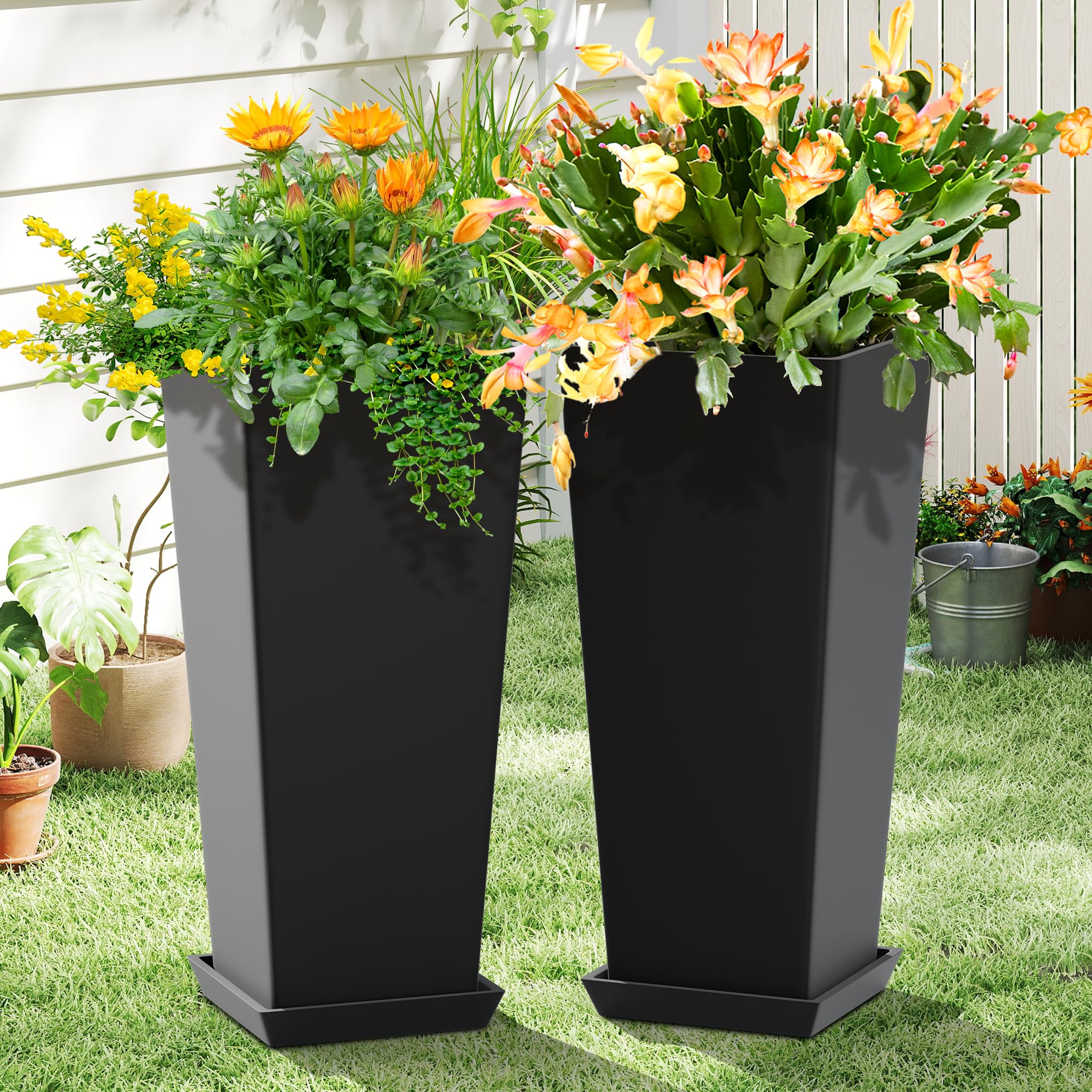 FENCY Set of 2 Tall Planters for Outdoor Plants, 24 Inch Large Tapered Pots with Drainage Trays, Weather-Resistant Plastic Plant Containers for Patio, Porch, Garden, Front Door Decor,Black