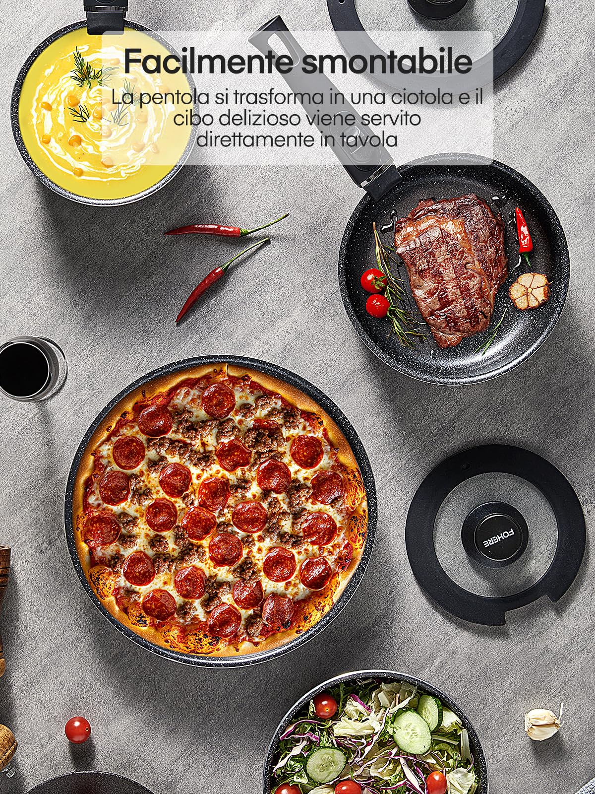FOHERE Set di Pentole e Padelle da 8 Pezzi con 2 Manici Amovibili e 2 Coperchi, Padella 20/28cm, Casseruola 16/20cm, Antiaderenti di Pentole, Alluminio, Adatto Induzione,Lavastoviglie, Gas e Forno