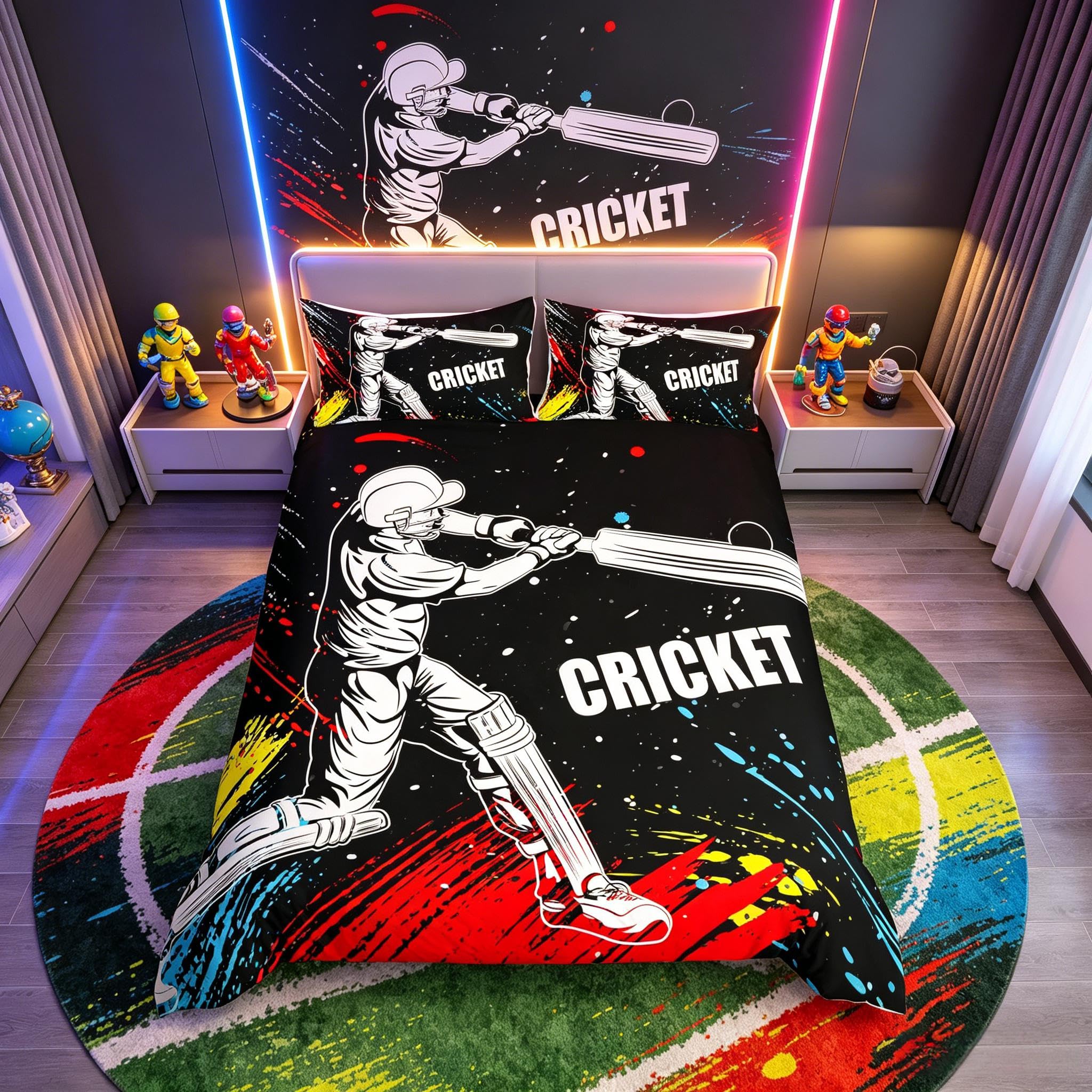 Loussiesd Cricket Player Bedding Set for Girls Boys Children Sports Theme Comforter Cover Decorative Cricket Ball Game Duvet Cover Tie Dye Watercolor Bedspread Cover 2Pcs Zipper Junior/Cot Bed