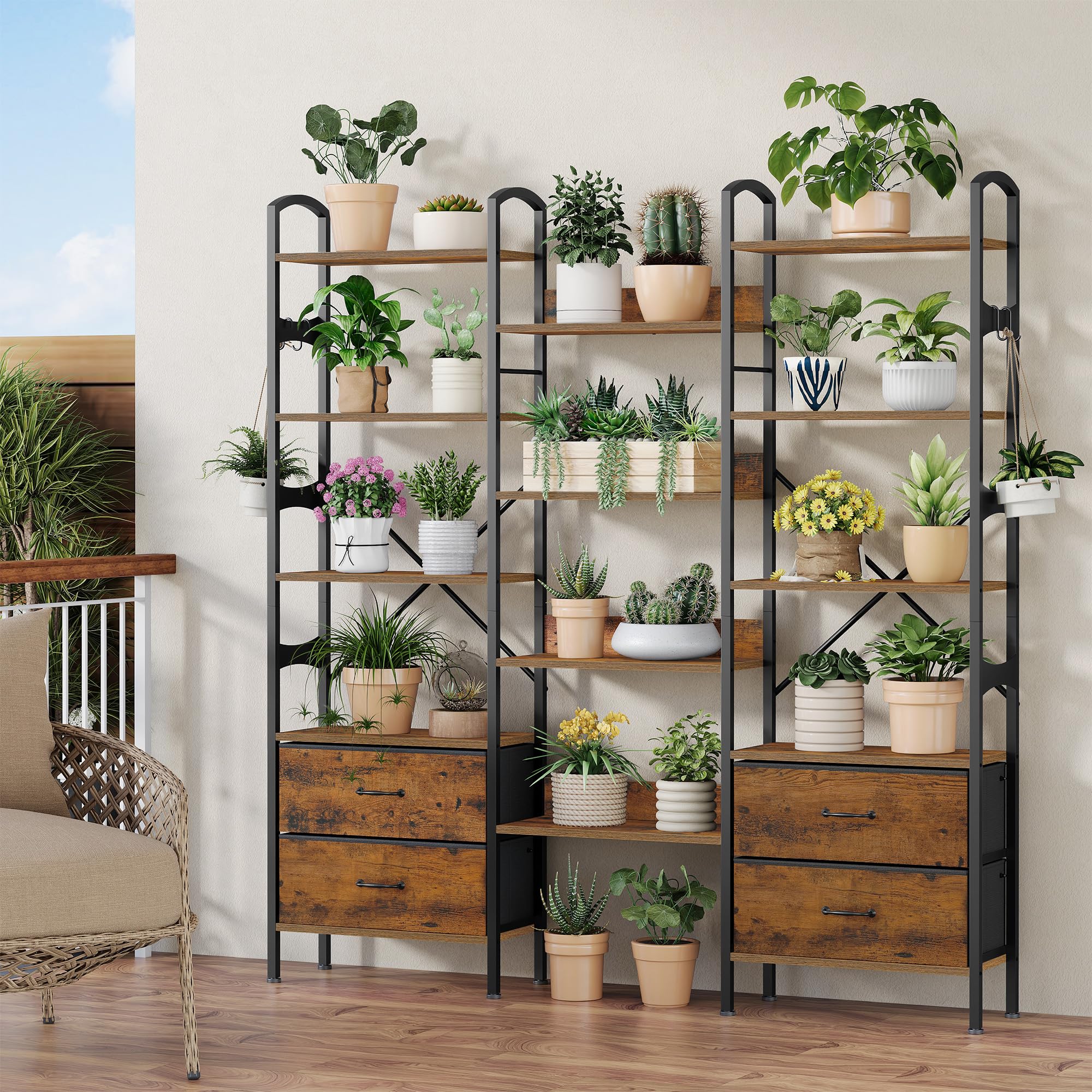 Bücherregal Regal, 158 x 24 x 166 cm, Rustikalbraun und Schwarz | Standregal mit 12 Ablagen und 4 Stoffschubladen, Metallrahmen, für Wohnzimmer, Home Office, Arbeitszimmer, FFSG002FX1