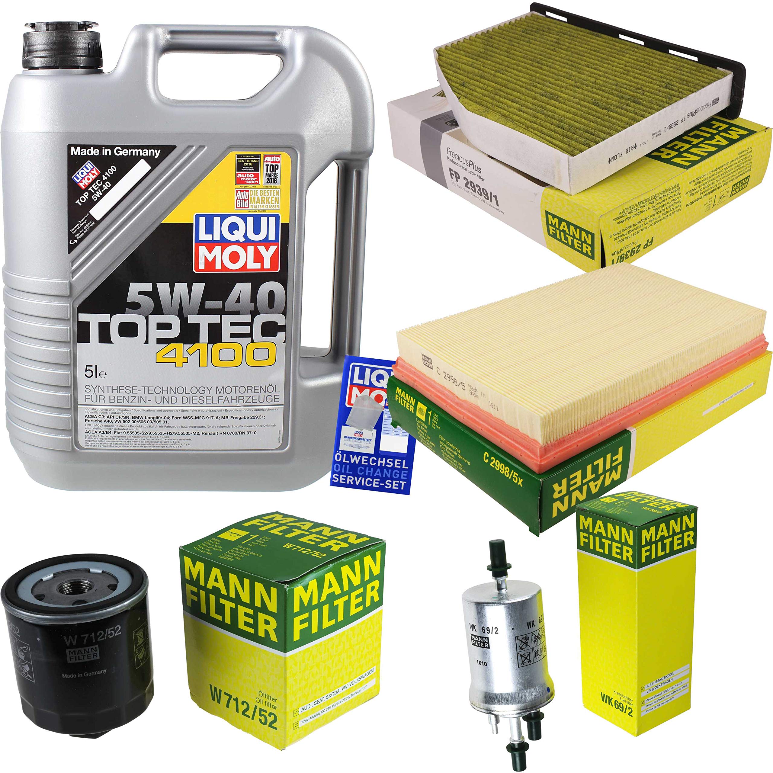 Set di filtri per l'ispezione 5 litri olio motore Top Tec 4100 5W-40 Mann-FILTER filtro abitacolo filtro carburante filtro aria filtro olio
