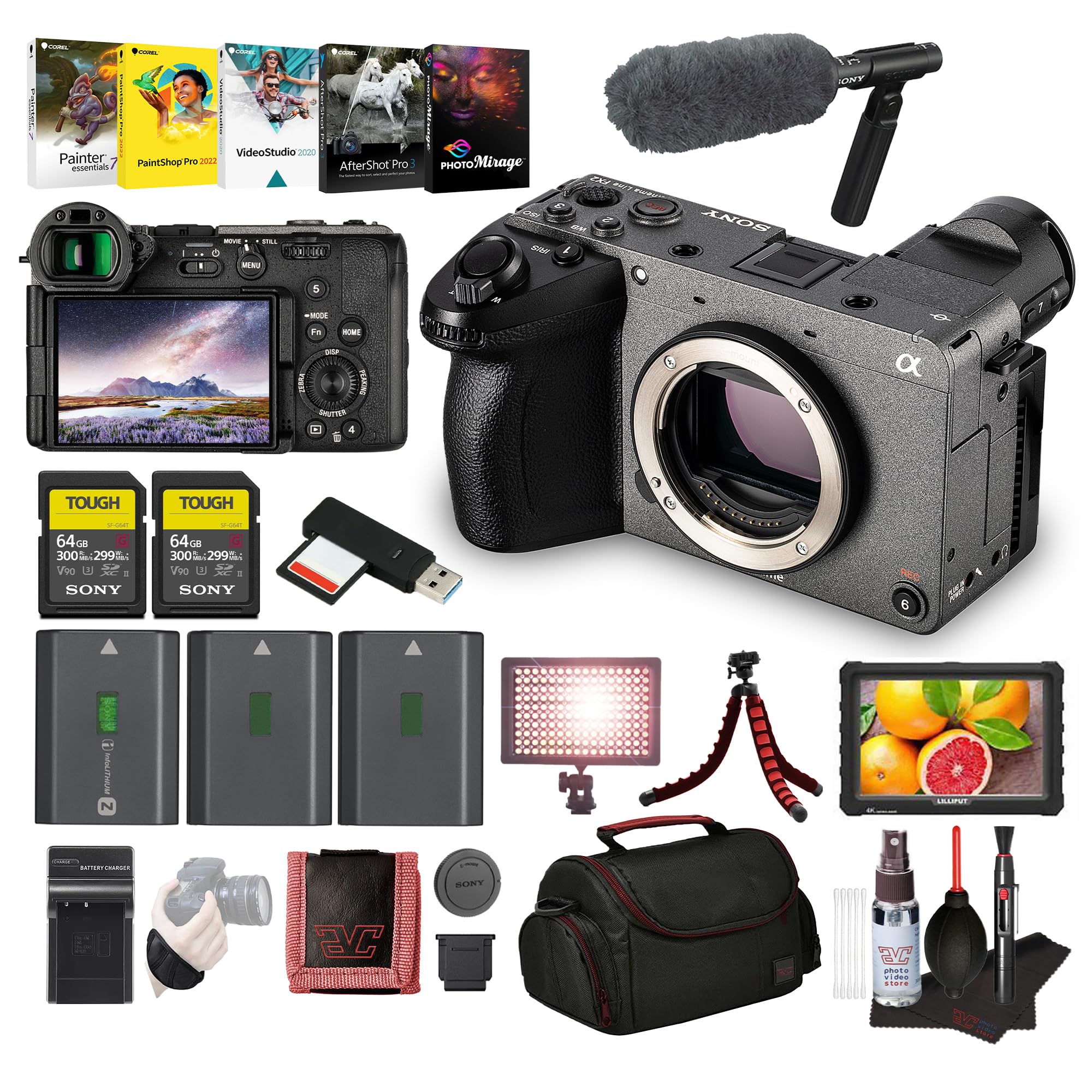 Sony FX2 Compact Cinema Camera – Full-Frame 4K, Internal ND, Fast Autofocus (ILME-FX2B) + Pro Mic + Monitor + 2 x 64GB Memory Card + LED Light + 2 x NP-FZ100 Battery + Photography Software + More