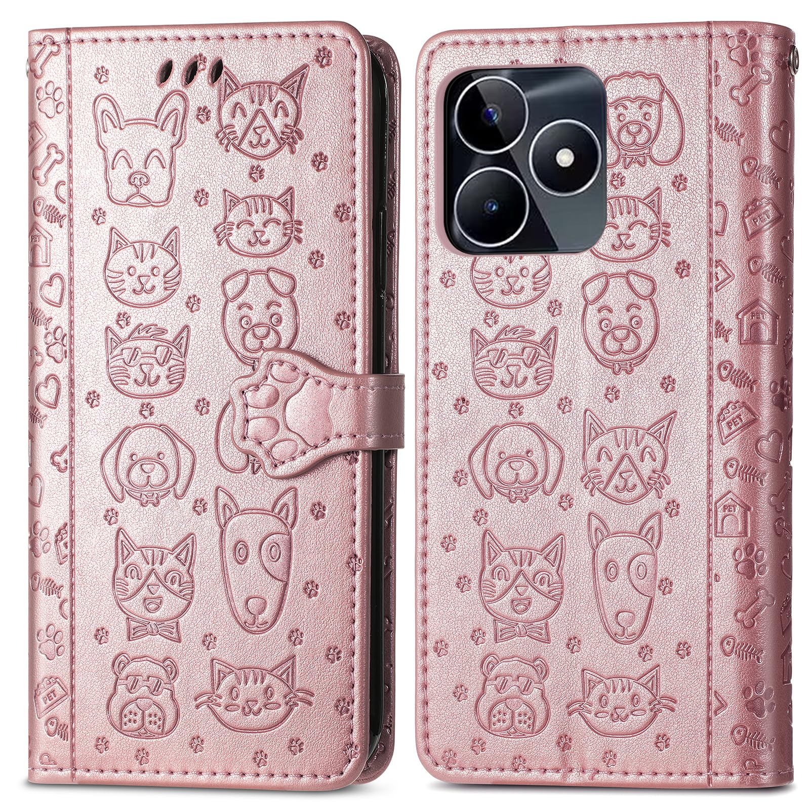 Fertuo Cover Portafoglio Per Realme C53 / Realme Note 50 - Custodia A Libro In Pelle Con Porta Carte E Chiusura Magnetica - Disegno Gatto E Cane Oro - Antiurto - 3