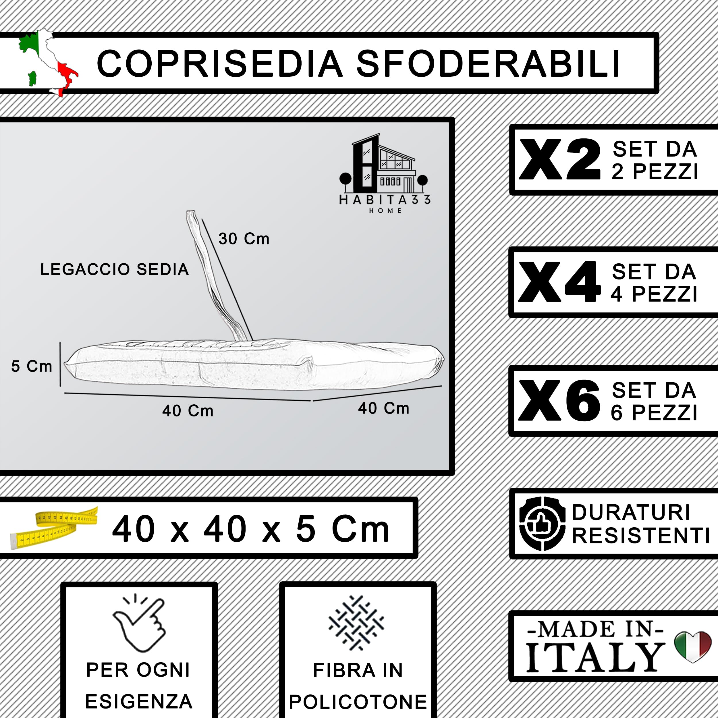 Cuscini Sedie Cucina Set da 6, 40x40 cm, Copri Sedia Sfoderabili double face in Tessuto Loneta Made in Italy (Sorrento Beige)