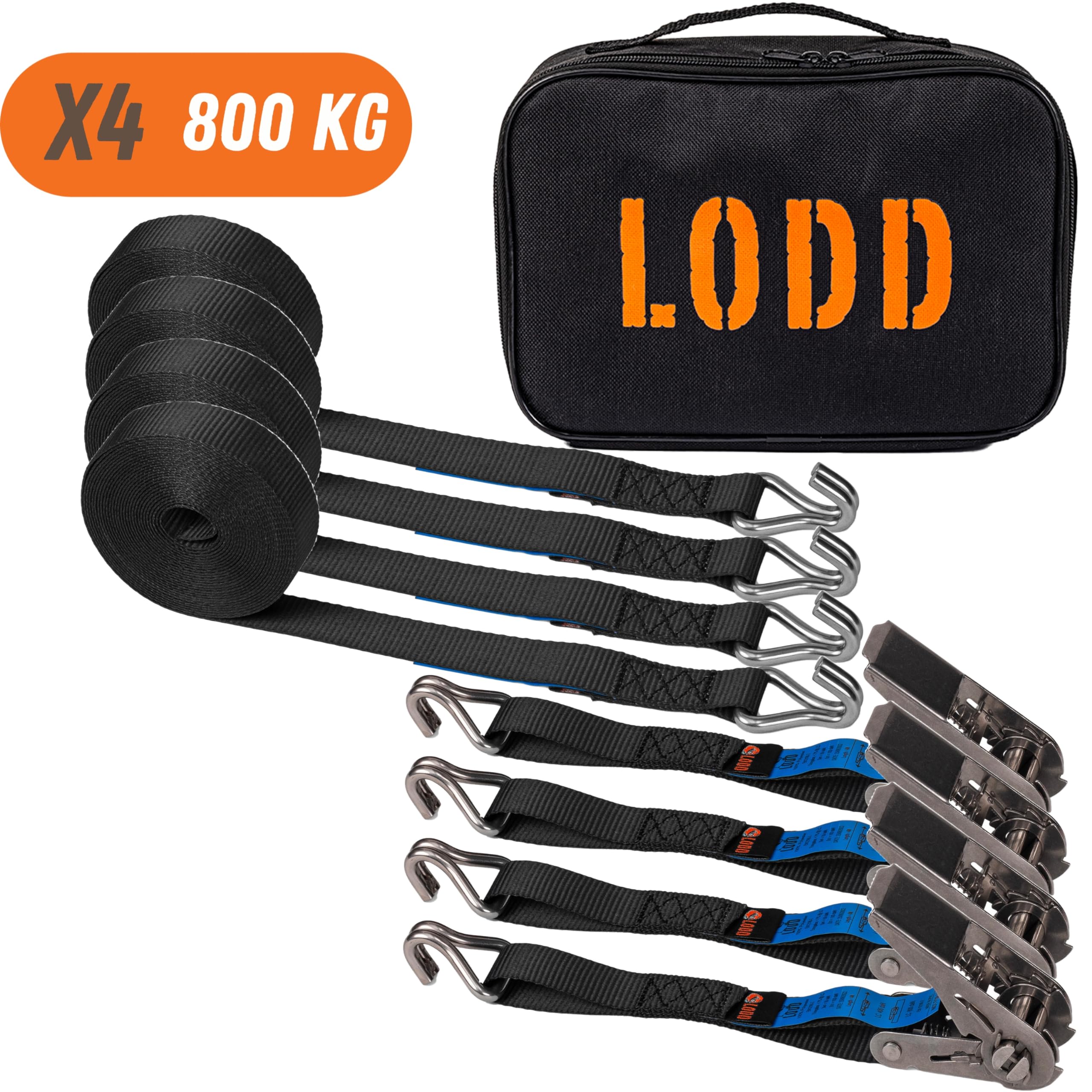 LODD - 4 Correas de Amarre de 6M en Acero Inoxidable, Ganchos Doble J de Acero Inoxidable, con Maleta de Transporte - Ideal para Lonas de Piscina