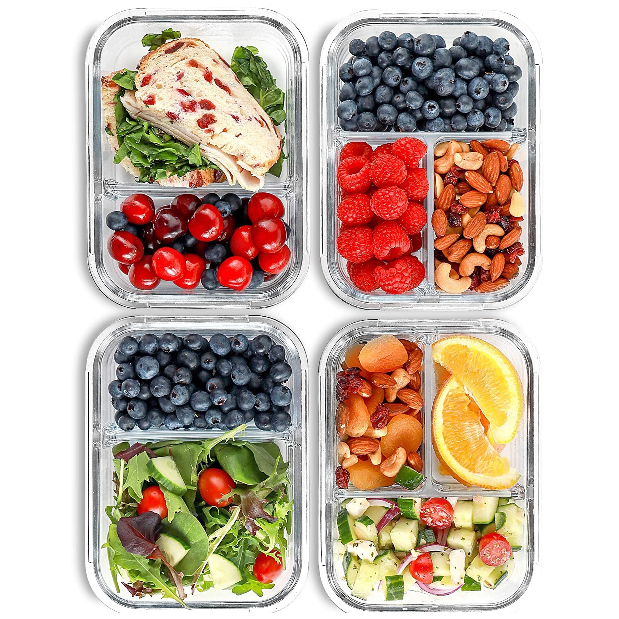 FIT Strong & HealthyMeal Prep Containers - 3 Compartment Glass Bento Boxes (4 Pack, 32 oz) - Airtight, Oven Safe, Portion Control
