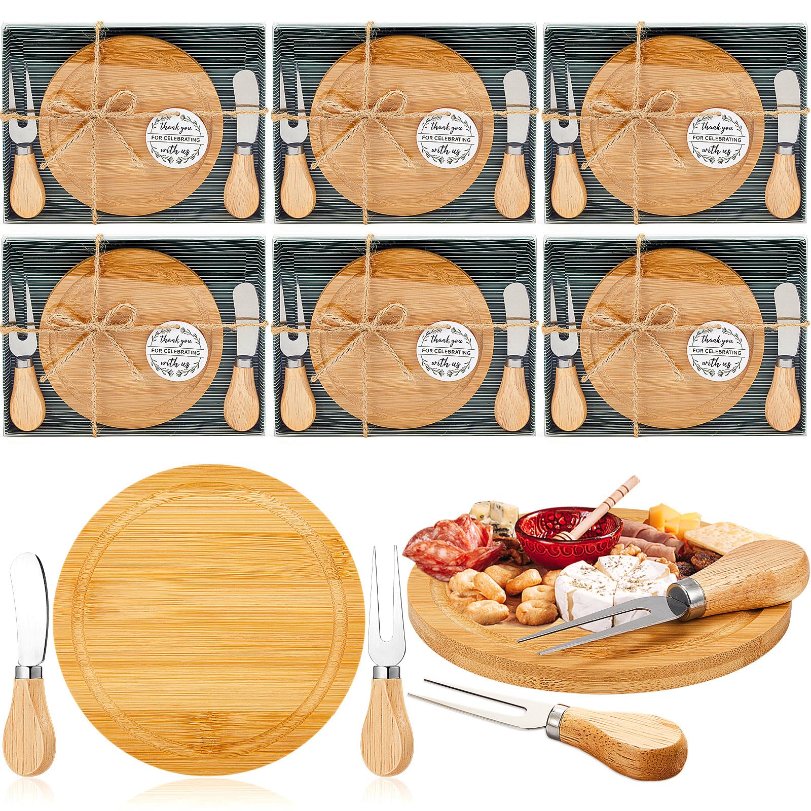 Maxcheck Set di 6 mini taglieri rotondi in legno per salumi, con coltelli e forchette, etichette di ringraziamento, con scatola regalo per gli ospiti e feste di nozze (bambù)