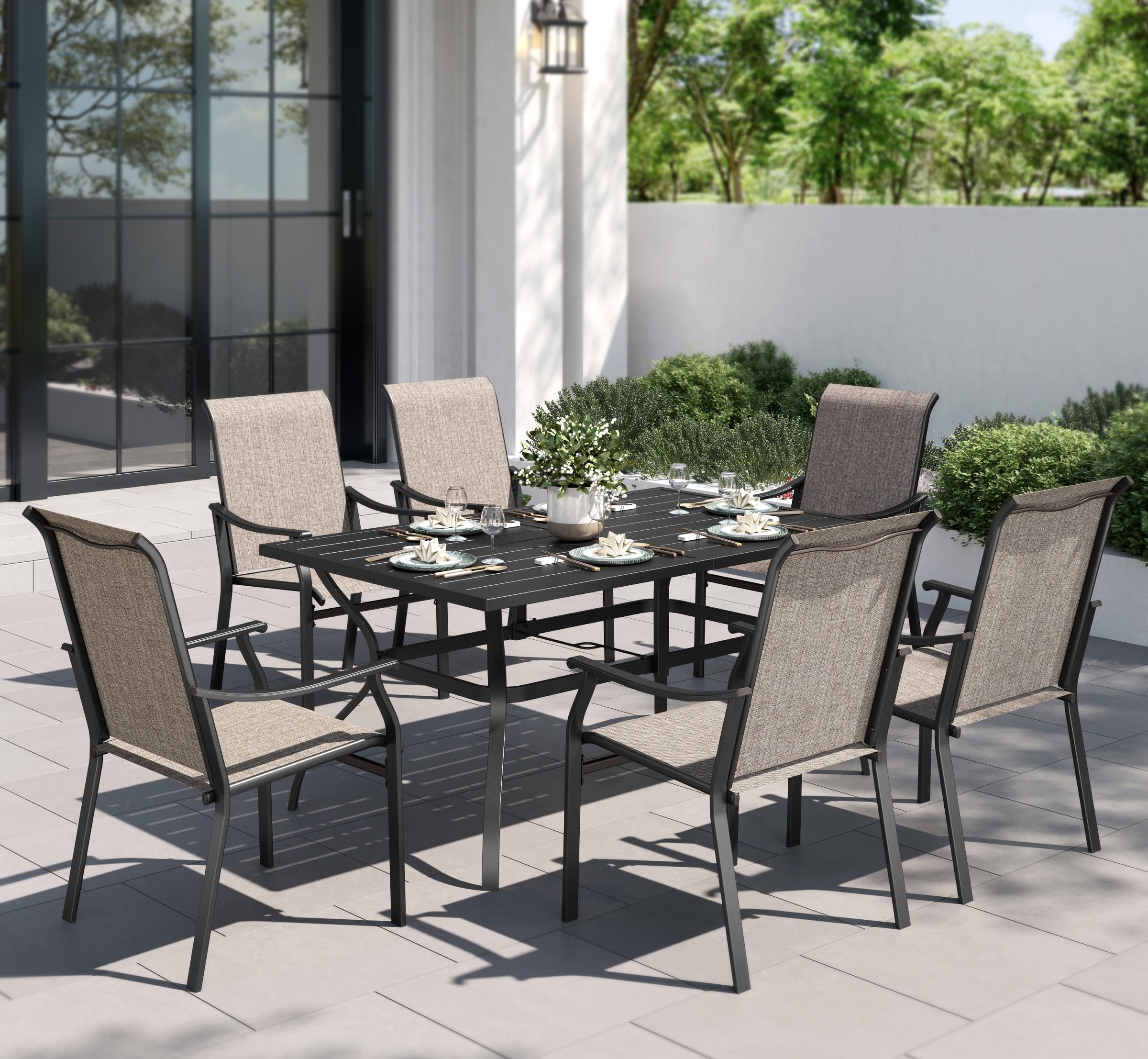 PHI VILLA Outdoor Dining Set for 6, Patio Chairs withTextilene Fabric and Metal Frame, Metal Dining Table with Umbrella Hole,Outdoor Table Chair Set