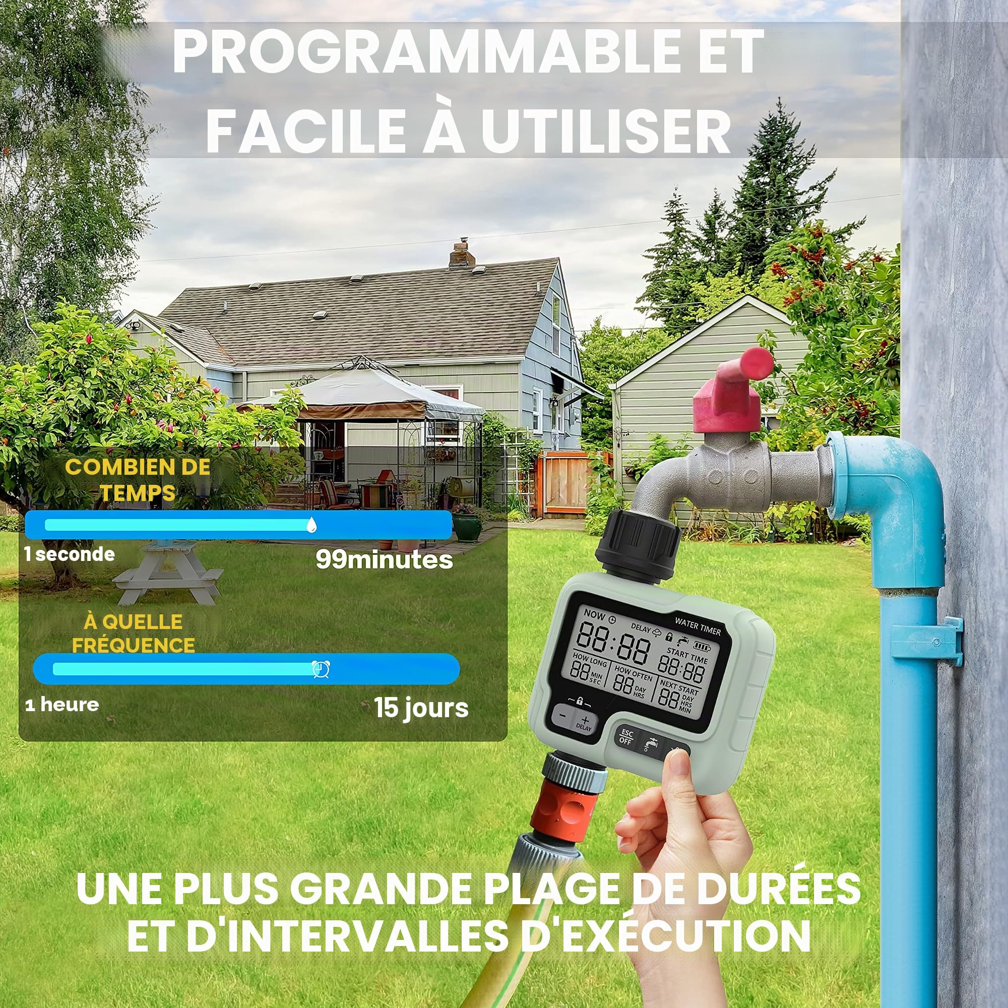 CROSOFMI Programmateur Arrosage Automatique Minuteur Arrosage pour Jardin Programmateur Robinet Arrosage Connecté/Mode Verrouillage Enfant/Mode Automatique & Manuel/Retard De Pluie/IPX5 Étanche