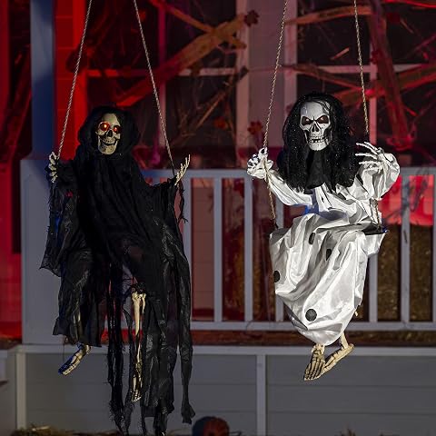 JOYIN 2-Piece Halloween Hanging Swinging Skeleton Decorations with LED Eyes