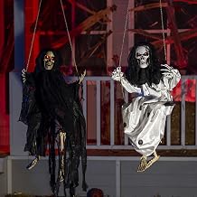 JOYIN 2 Pcs Halloween Hanging Swinging Ghosts Decorations Outdoor, Halloween Scary Decor with Lighted Up Eyes, Creepy Swinging Skeleton Flying Props for Yard Patio Lawn Garden