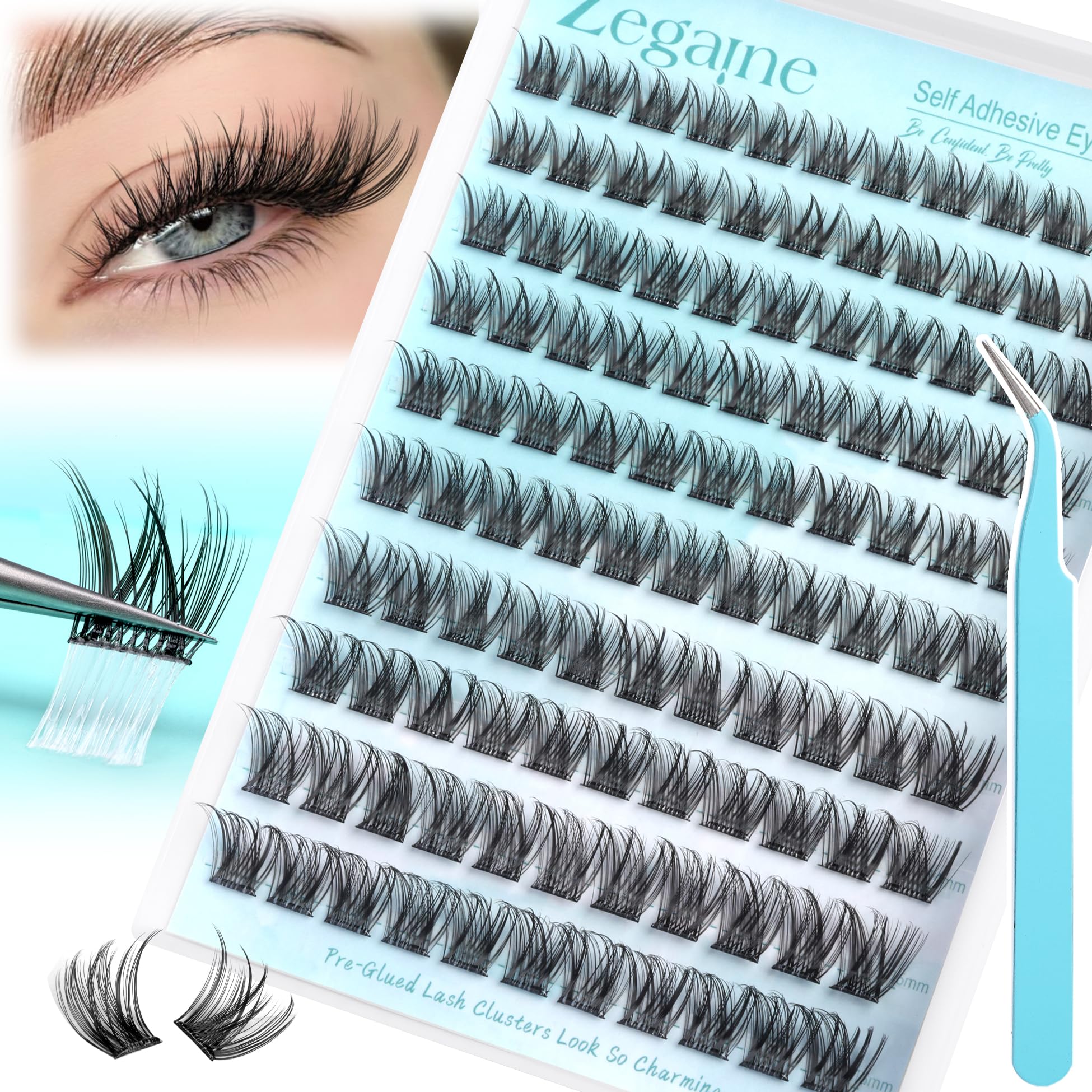 Self Adhesive Lashes Clusters Kit Natural Self Adhesive Cluster Eyelash Extensions Kit Reusable Wispy Cluster Lashes No Glue Needed Fluffy D Curl Individual Lashes Kit With Tweezers 10-16MM by Zegaine