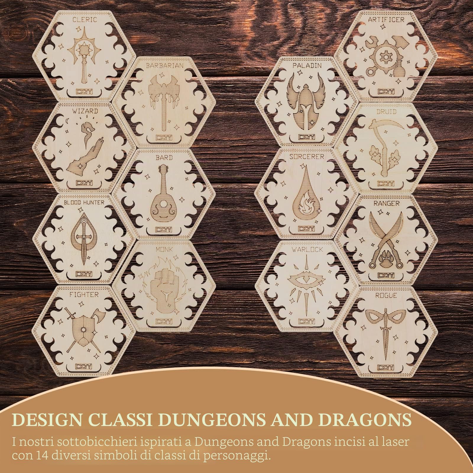 D&D Class - Set di 14 sottobicchieri con supporto, esagonali, in legno, incisi al laser, icone DND Classes, regalo per fan di Dungeons and Dragons, Game Master