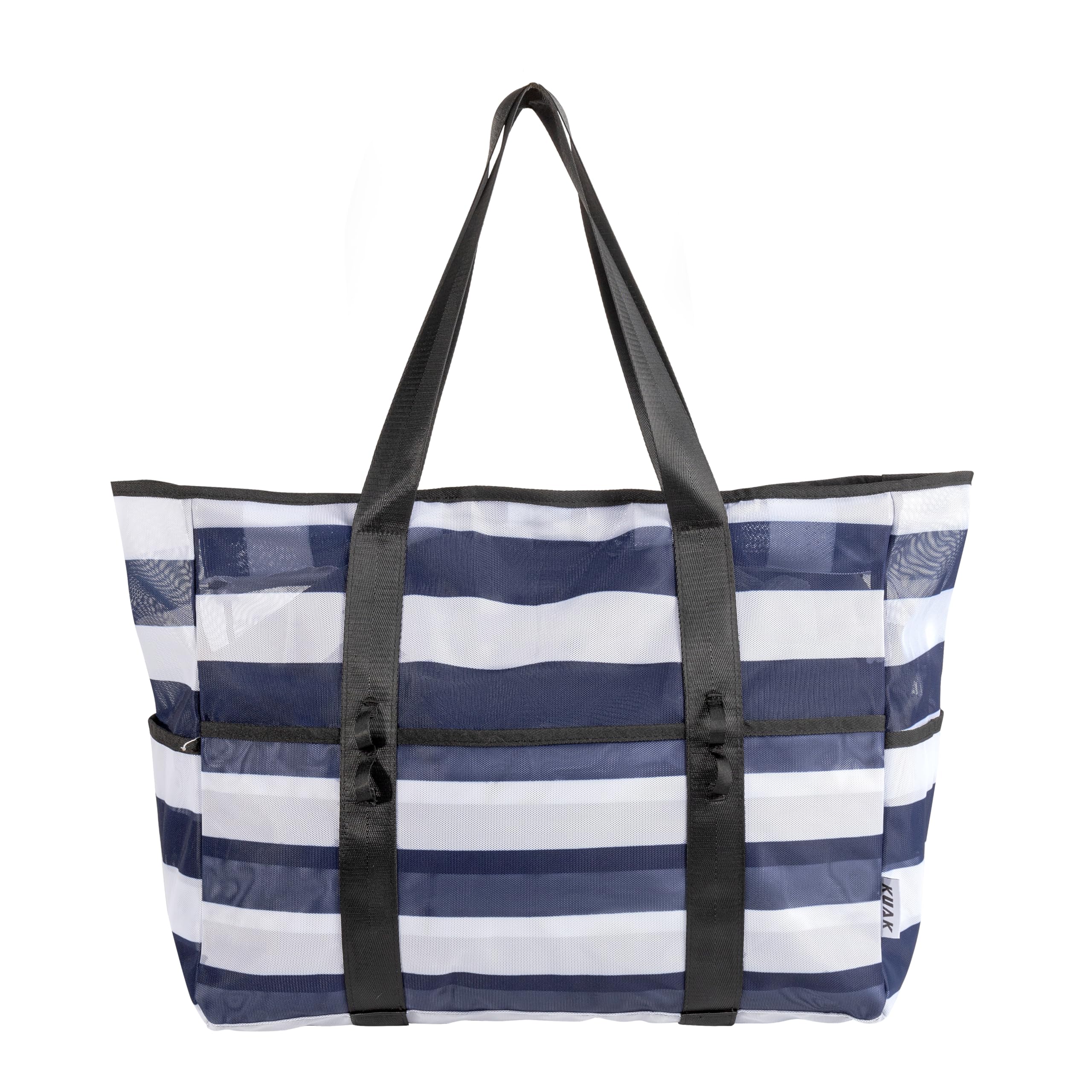 KUAK Mesh Beach Bag, Large Beach Tote with Top Zipper, 9 Pockets, Inner Waterproof Pocket for Family Pool Vacation Essentials