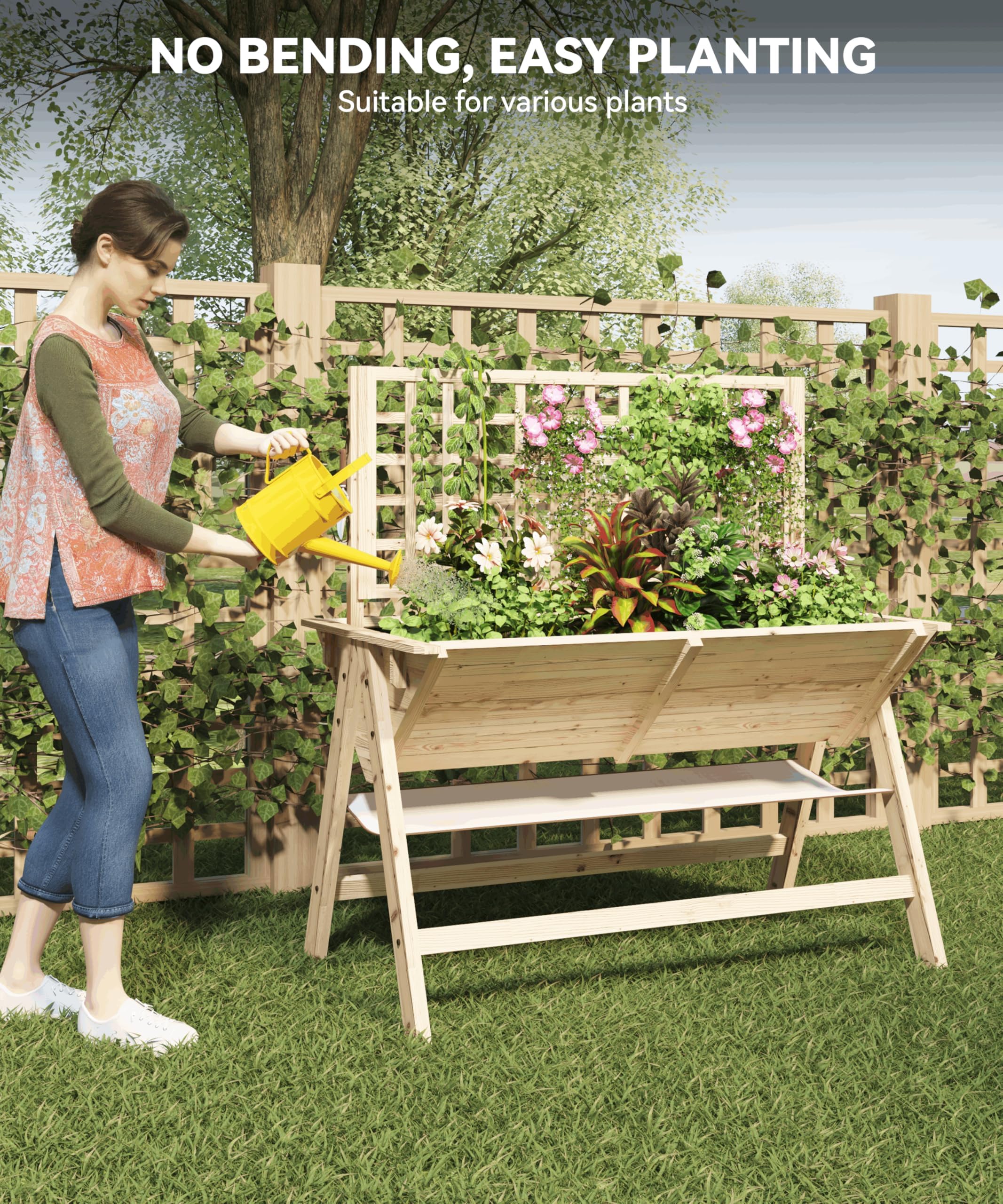 Wooden Raised Garden Bed With Legs Mobile Outdoor Planter Box With Storage Shelf and Protective Liner With Lockable Wheels Elevated Reinforced Large Planter Box for Vegetable Flower Herb Outdoors