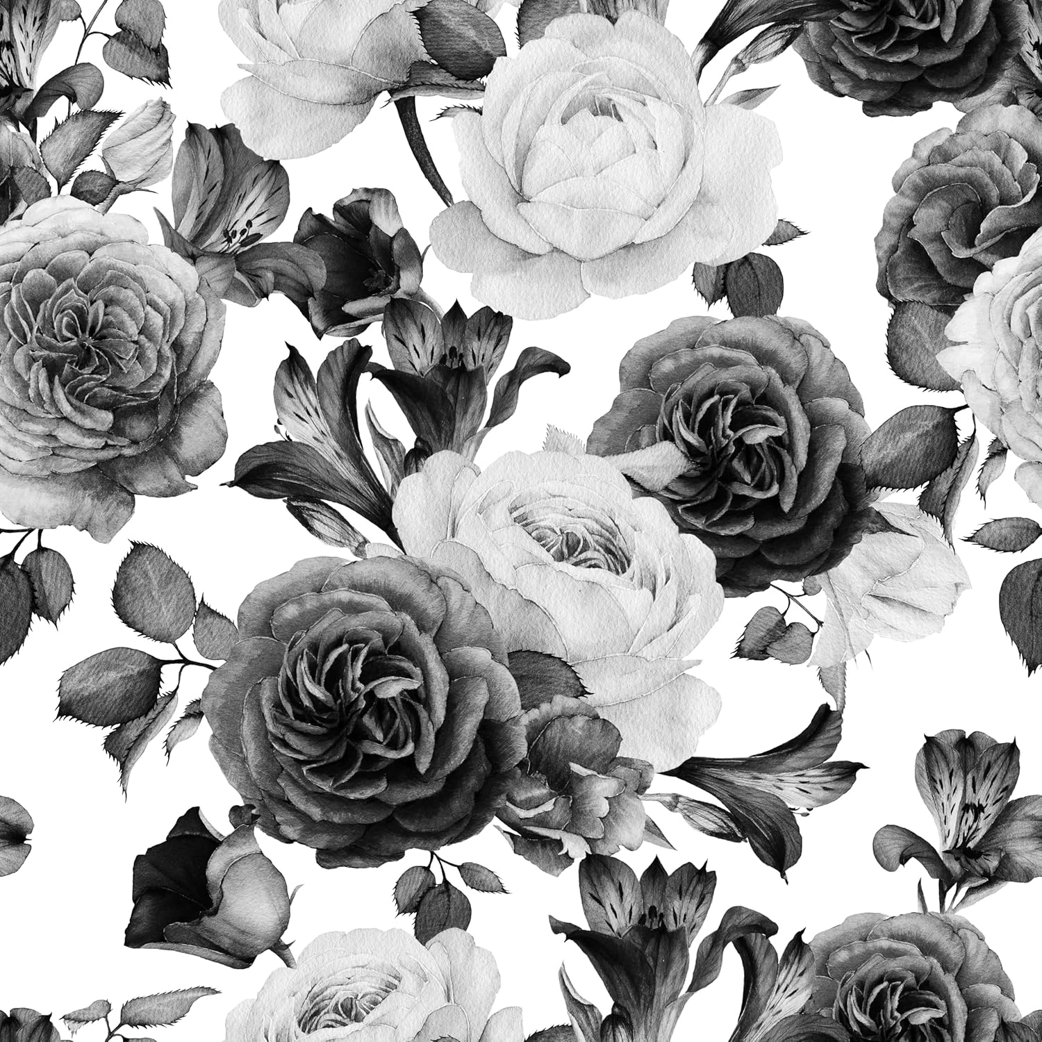 Floral Wallpaper Peel and Stick Black and White Peony Self-Adhesive Removable Wallpaper Floral Contact Paper Nursery Bedroom Mural Wall Decorative 17.7"x236.2", Black/White