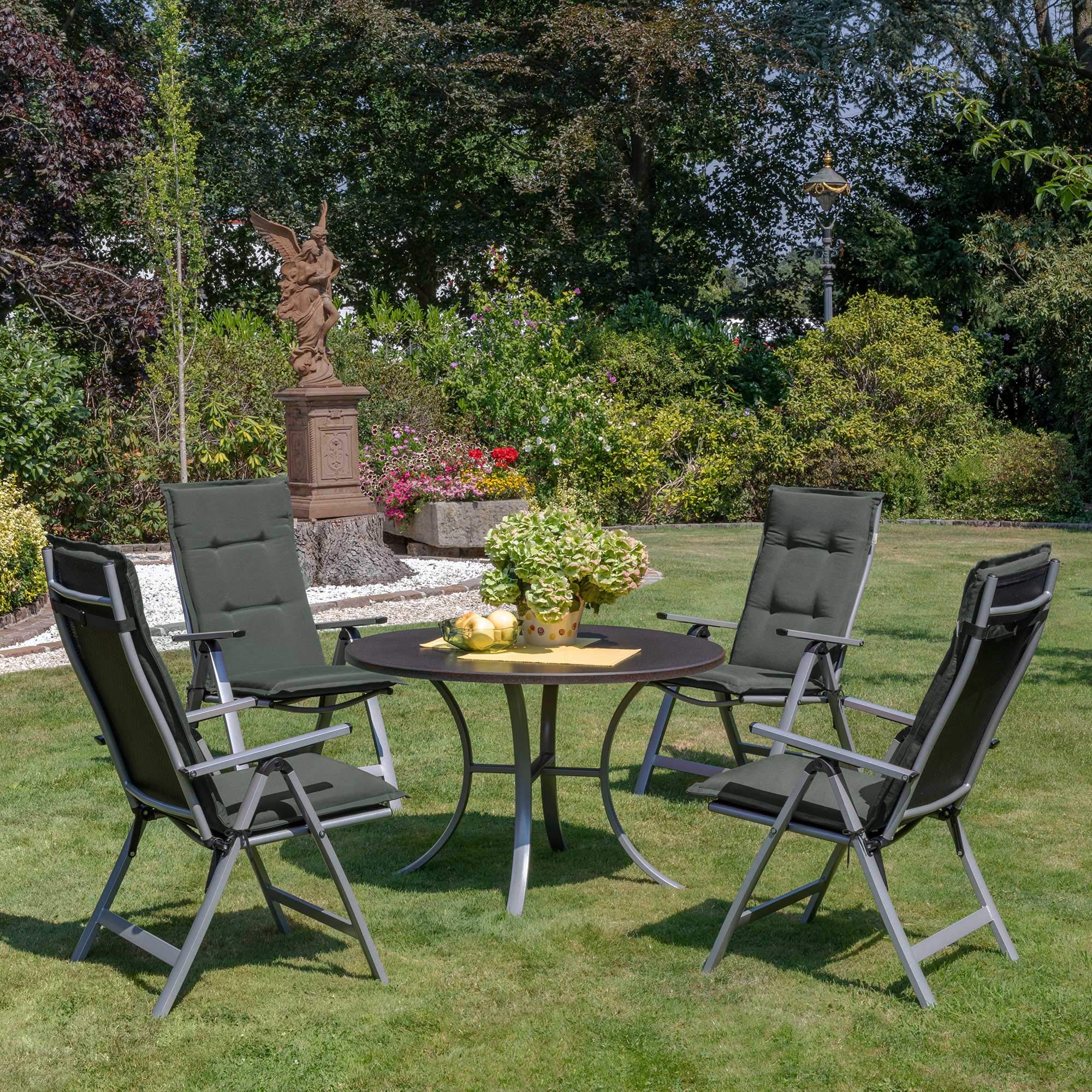 Beautissu Set de 4 Cojines sillas Jardin Loft HL - tumbonas mecedoras de balcón o Asiento Exterior con Respaldo Alto - 120x50x6 cm - Placas compactas de gomaespuma - Antracite