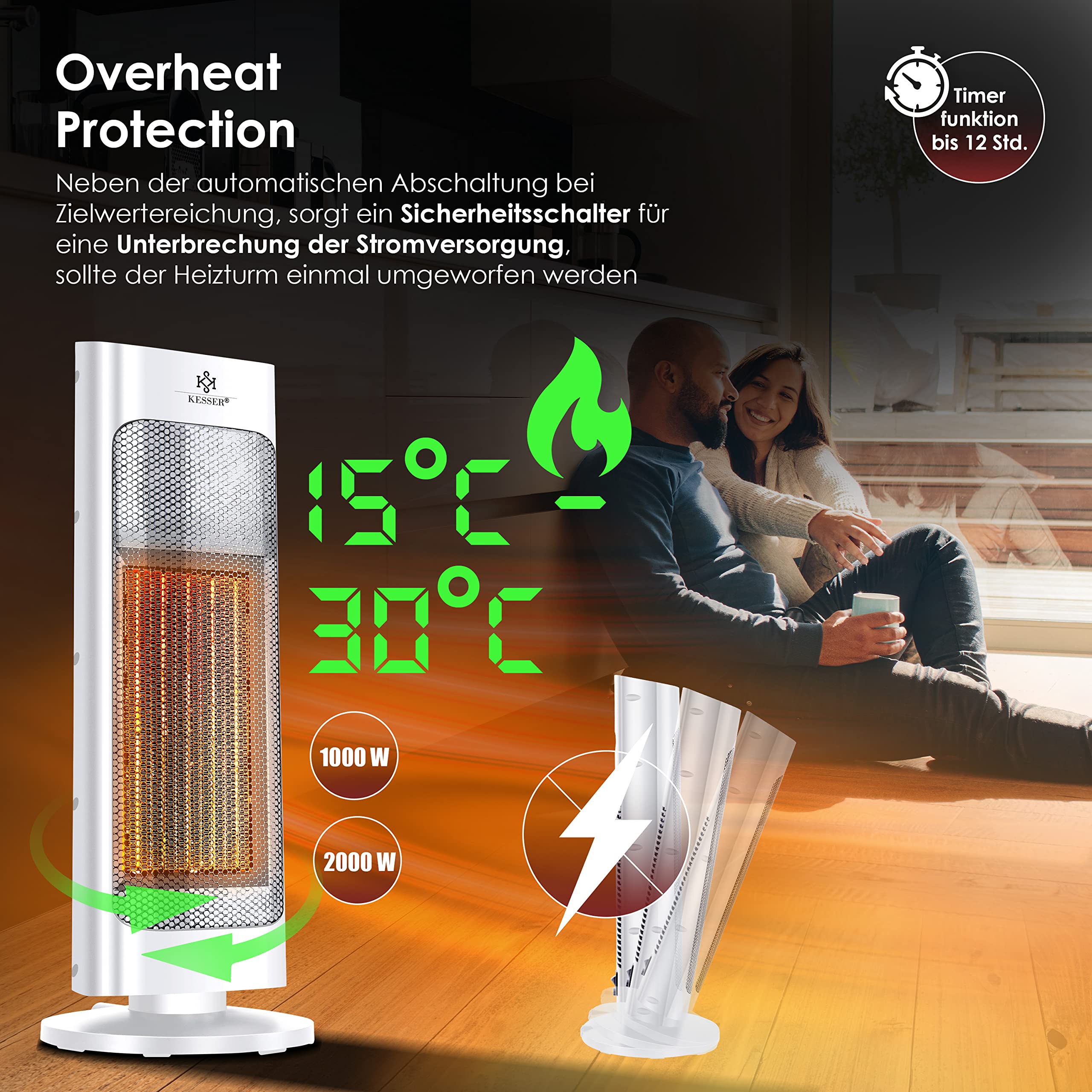 KESSER® Termoventilatore con telecomando, a risparmio energetico, silenzioso, 2000 W, in ceramica, 15-30 °C, riscaldamento rapido con funzione di oscillazione di 80°, timer, riscaldamento a torre