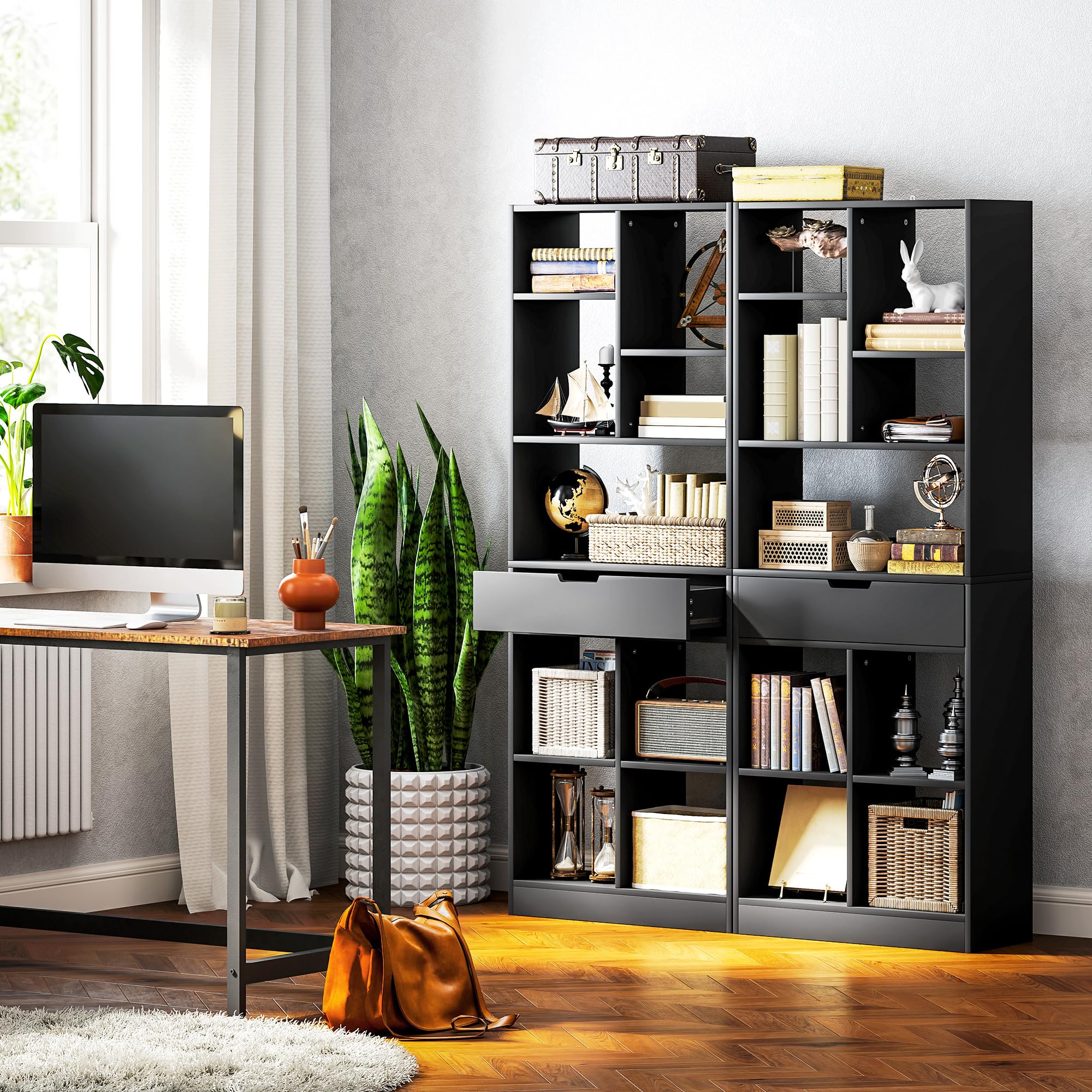 HOMCOM Scaffale Libreria con Cassetto Centrale in Legno 60x26x158 cm Nero | Ripiani Aperti, Libreria Salvaspazio Autoportante, Scaffale Divisorio per Soggiorno, Camera da Letto, Ufficio
