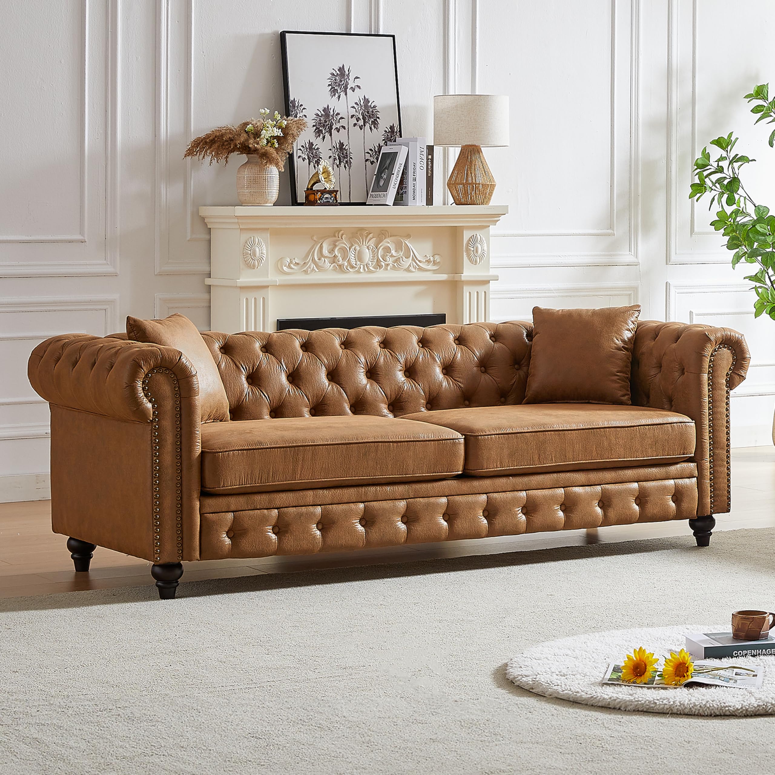 Fx 85.5 Inches Living Room with Tech Fabric Chesterfield Sofa with Rolled Arms 3 Seater Sofa with Button Design and 2 Cushions for Apartment, Office, Living Room