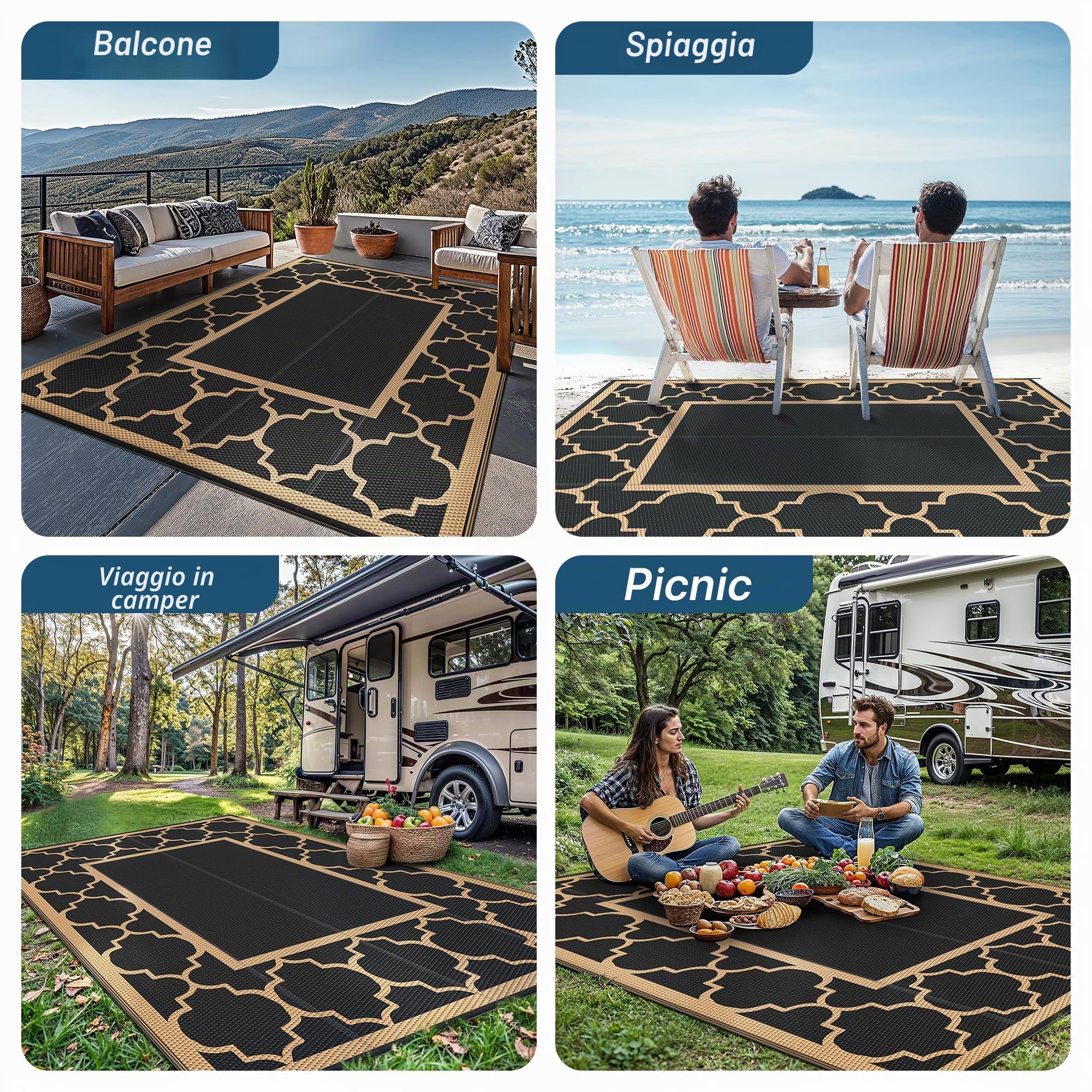 GENIMO Tappeto da Esterno,Tappeto Per Esterno Impermeabili Eeversibili Lavabili, Antipioggia per Terrazze,Giardini,Camper,Picnic,Balcone,Nero & Marrone,150x240cm