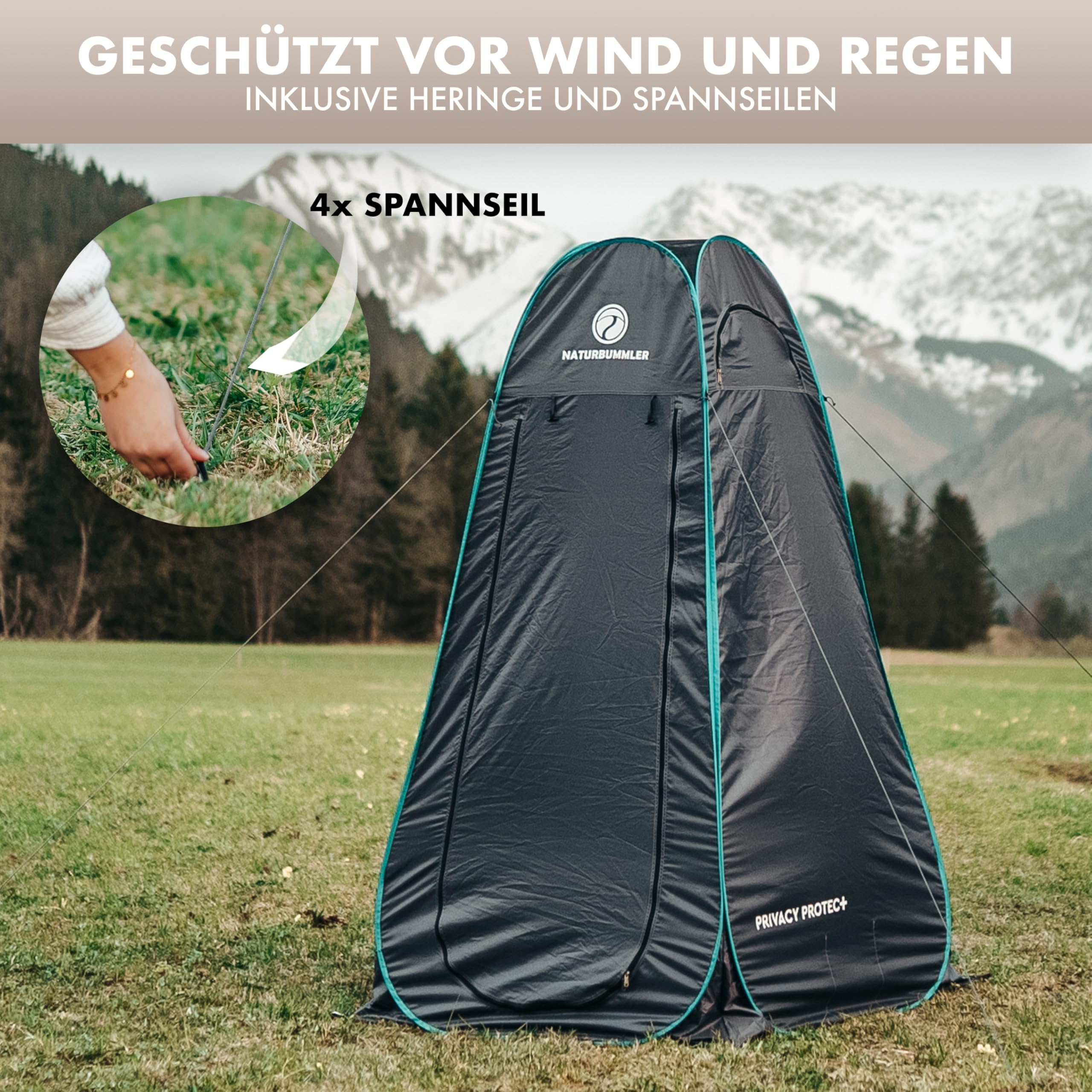 NATURBUMMLER Duschzelt Pop-Up [Privacy Protec+] wasserdicht & Blickdicht mit 5 Taschen & Boden (1,9  m Stehhöhe) – mobiles Toilettenzelt Umkleidezelt Sichtschutz für Camping Strand Outdoor