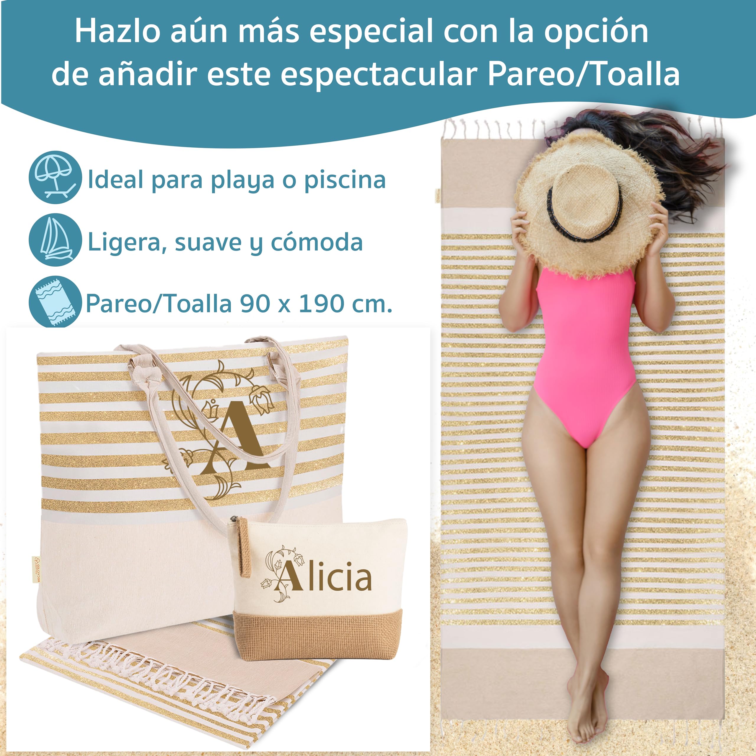 Bolso Playa Mujer Grande con Neceser, Opción de Personalización y Toalla a Juego – Bolso Piscina Mujer, Bolsos Mujer Verano